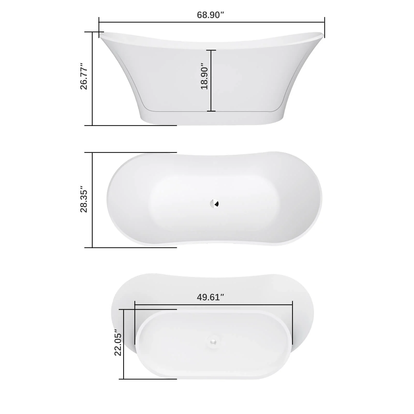 69" Double Slipper Deep Soaking Freestanding Solid Surface Bathtub - Image 16