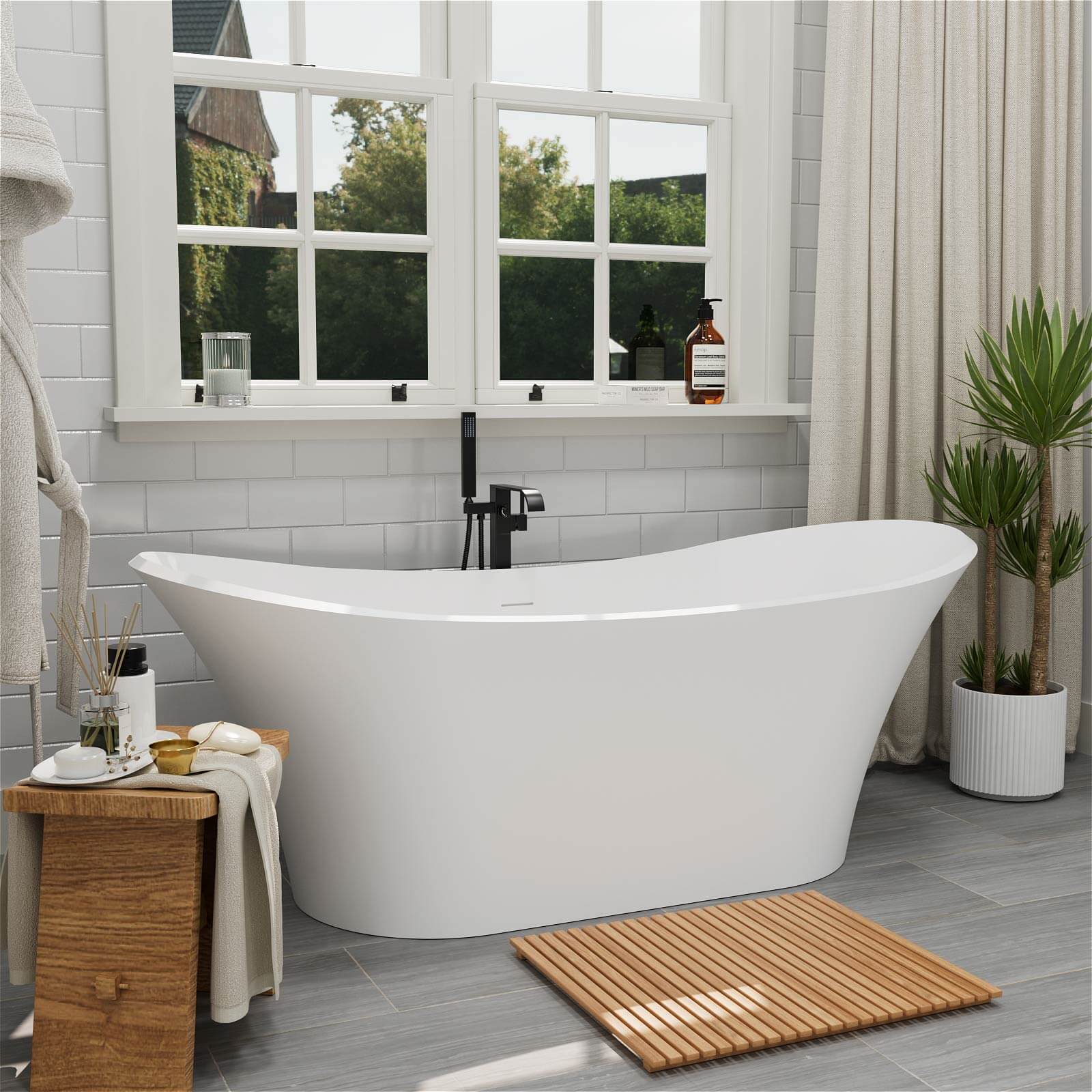 69" Double Slipper Deep Soaking Freestanding Solid Surface Bathtub - Image 3