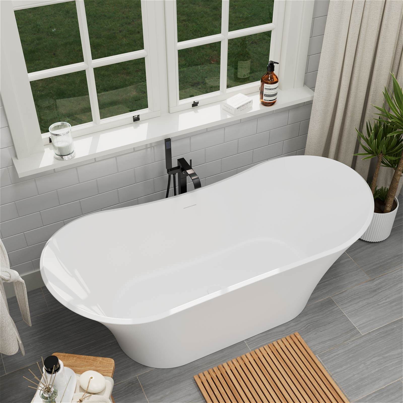 69" Double Slipper Deep Soaking Freestanding Solid Surface Bathtub - Image 4