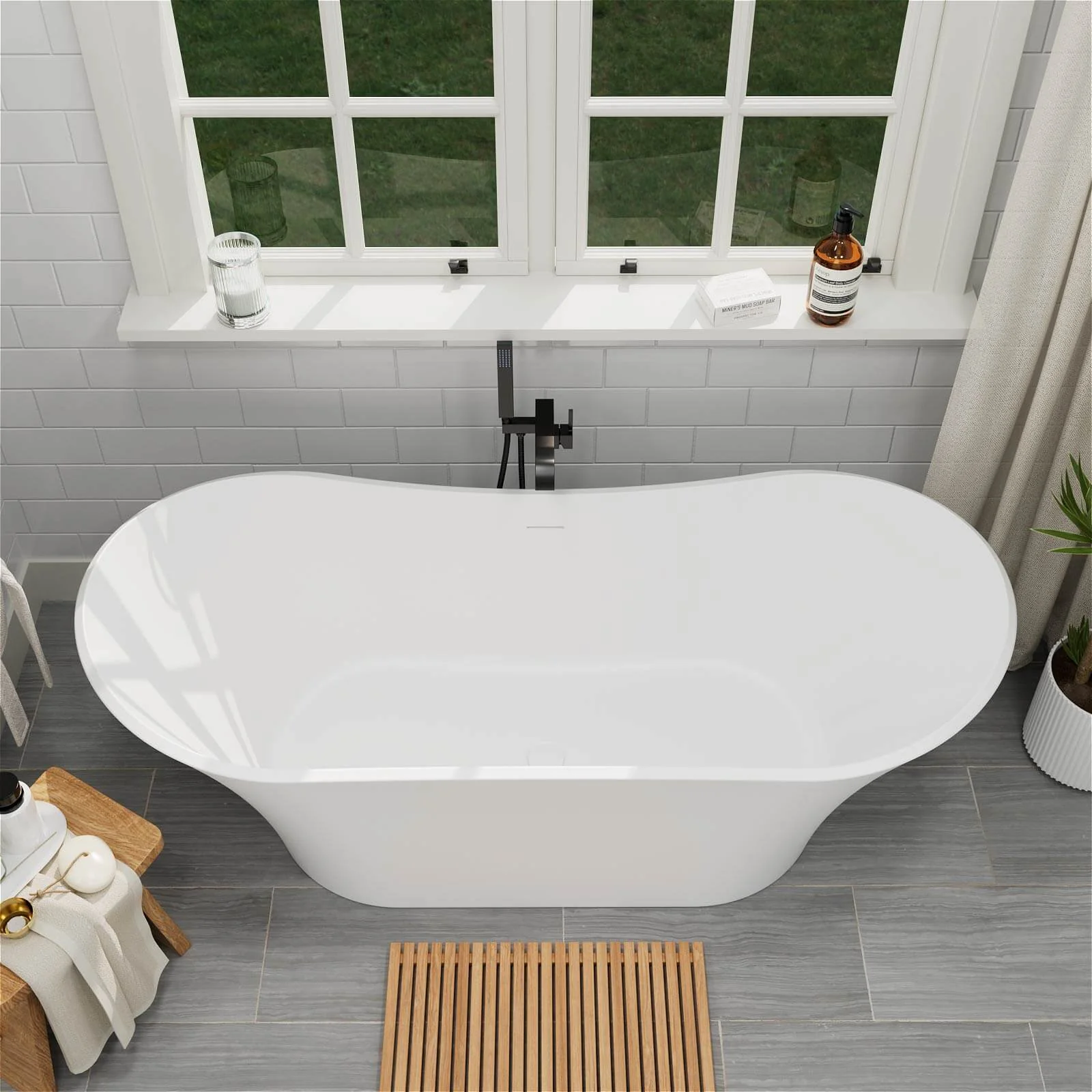 69" Double Slipper Deep Soaking Freestanding Solid Surface Bathtub - Image 5