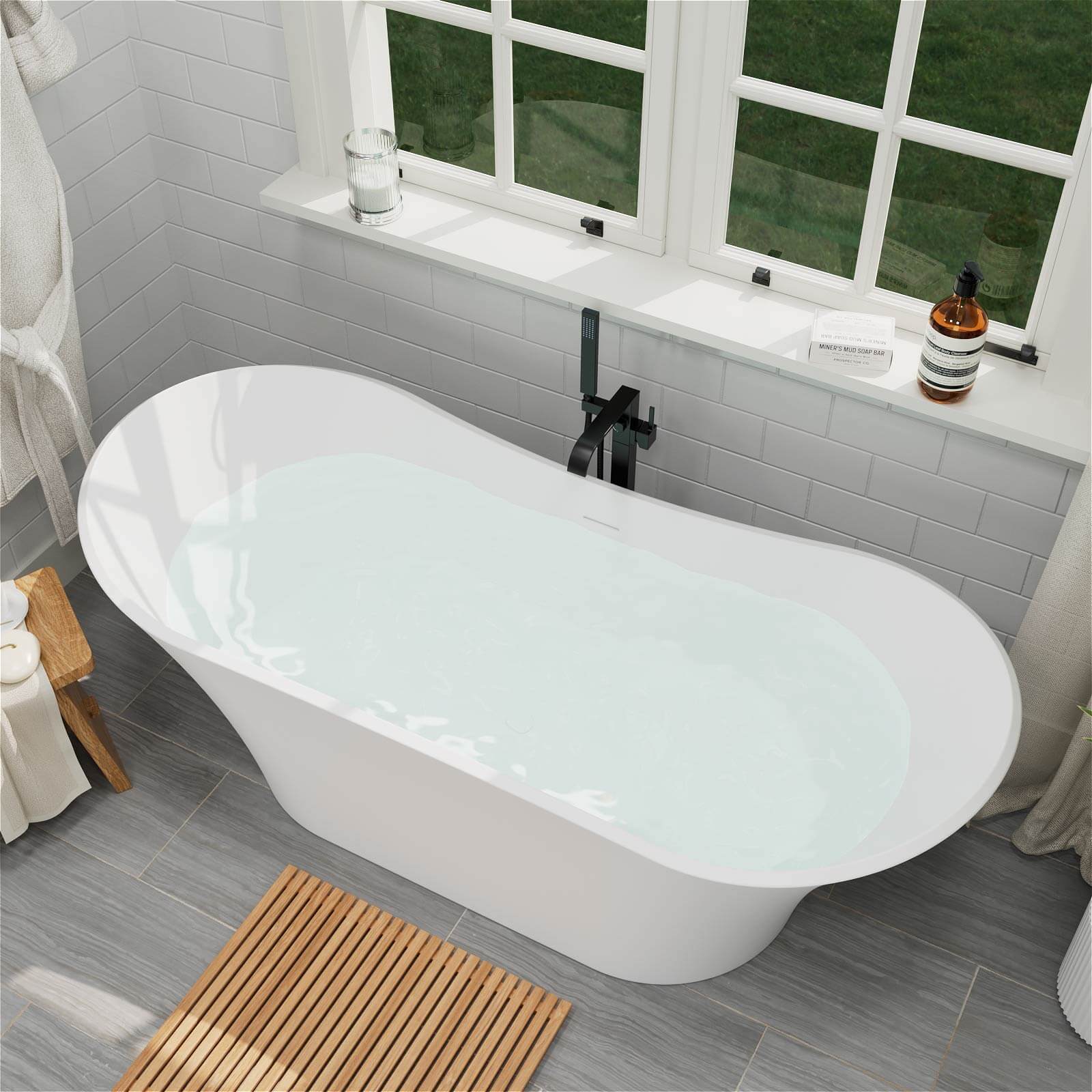 69" Double Slipper Deep Soaking Freestanding Solid Surface Bathtub - Image 6