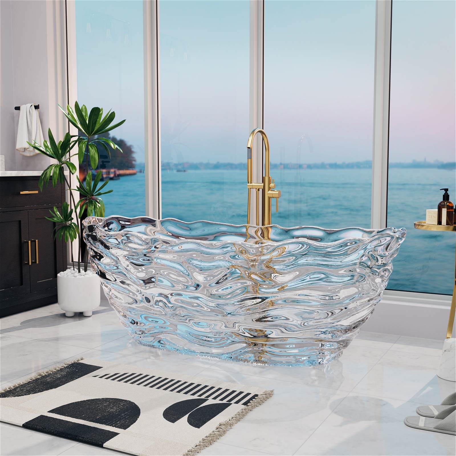 69" Luxury Transparent Crystal Bathtub with Ripple Texture – Modern Clear Resin Freestanding Soaking Tub - Image 3