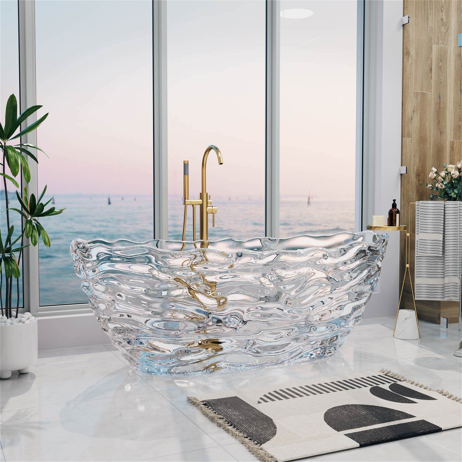 69" Luxury Transparent Crystal Bathtub with Ripple Texture – Modern Clear Resin Freestanding Soaking Tub - Image 5