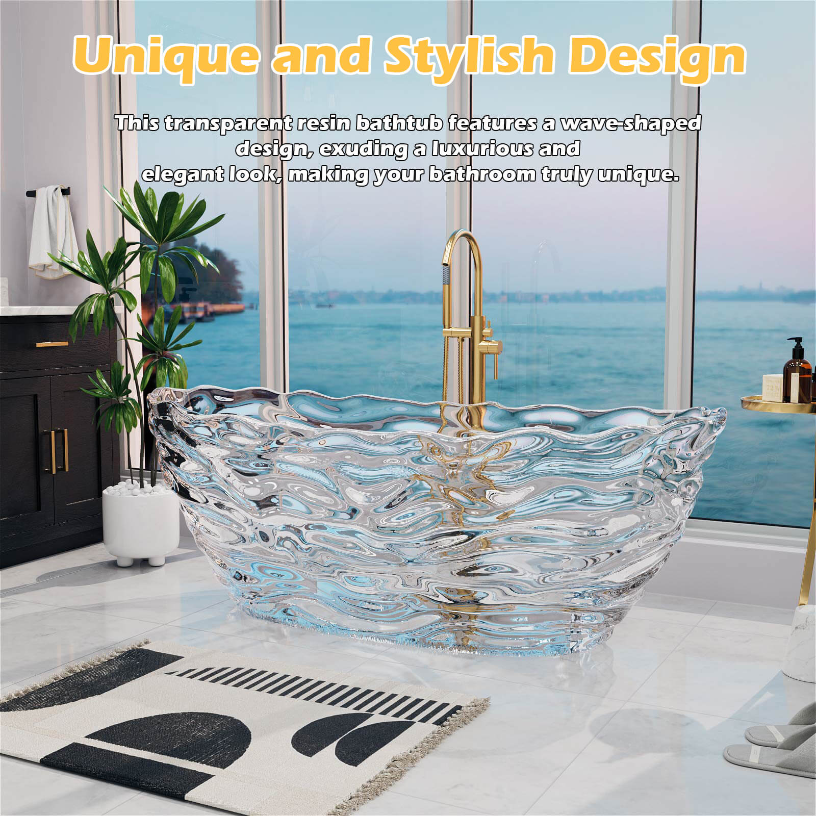69" Luxury Transparent Crystal Bathtub with Ripple Texture – Modern Clear Resin Freestanding Soaking Tub - Image 7