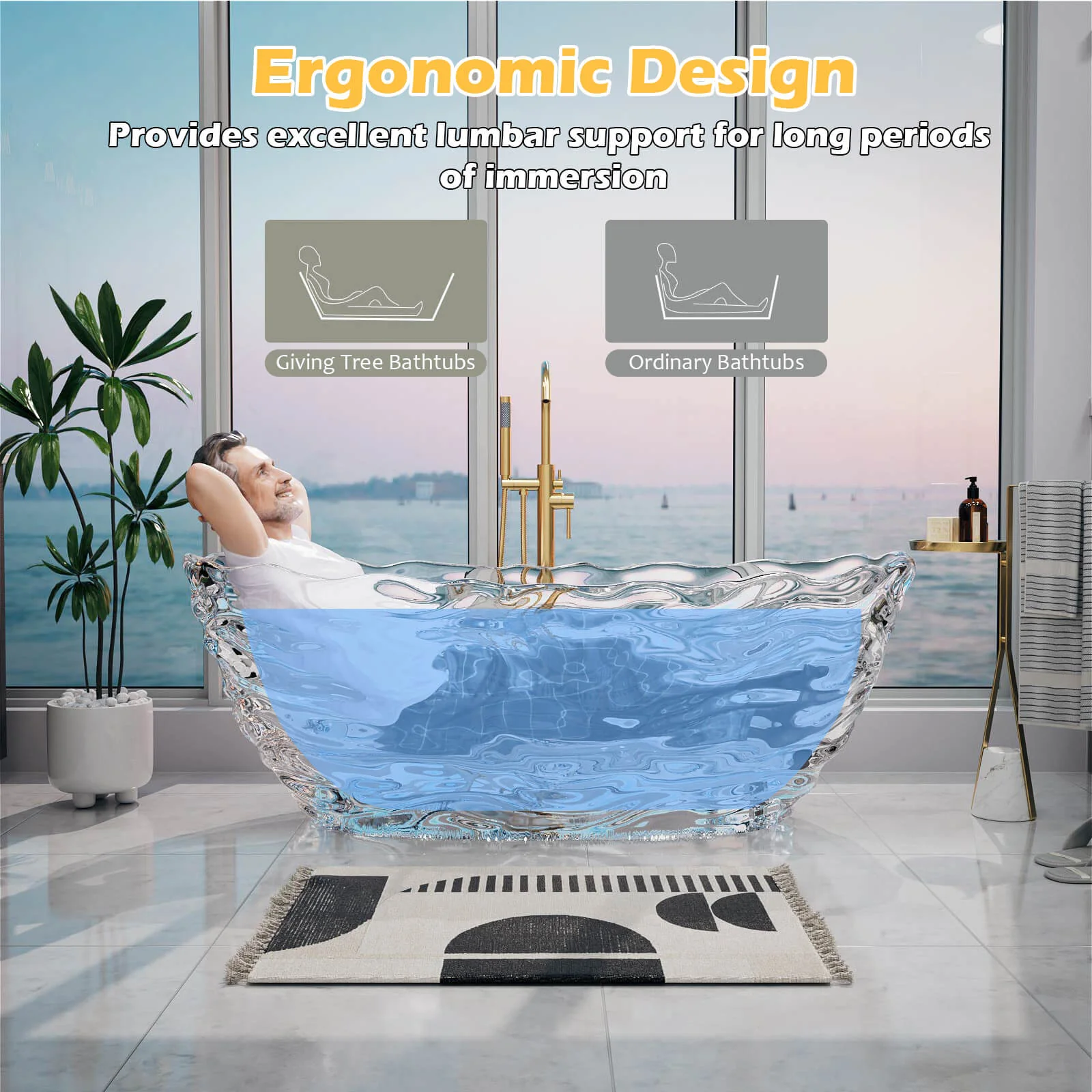 69" Luxury Transparent Crystal Bathtub with Ripple Texture – Modern Clear Resin Freestanding Soaking Tub - Image 8