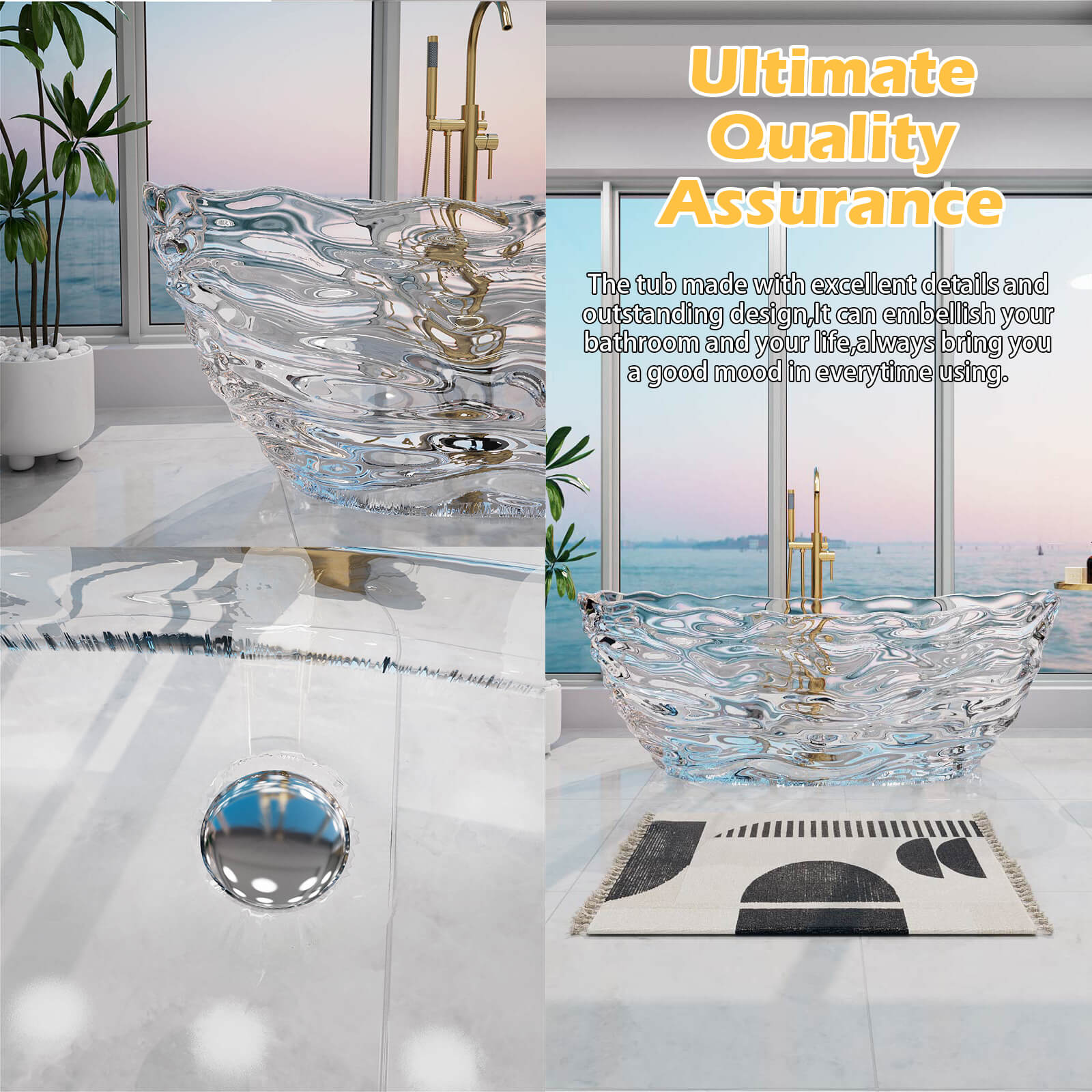 69" Luxury Transparent Crystal Bathtub with Ripple Texture – Modern Clear Resin Freestanding Soaking Tub - Image 9