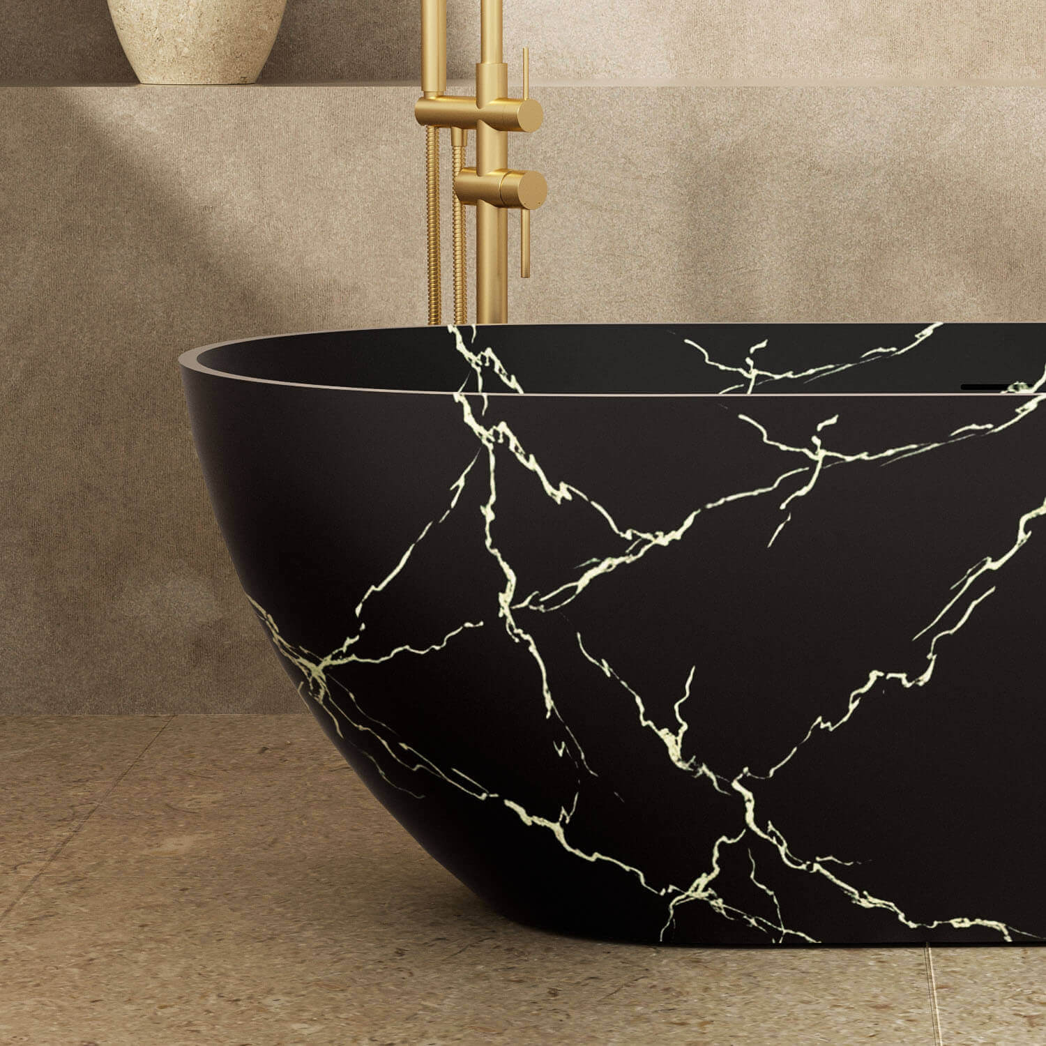 69" Black Oval Freestanding Soaking Bathtub with Gold Marble Pattern - Image 3