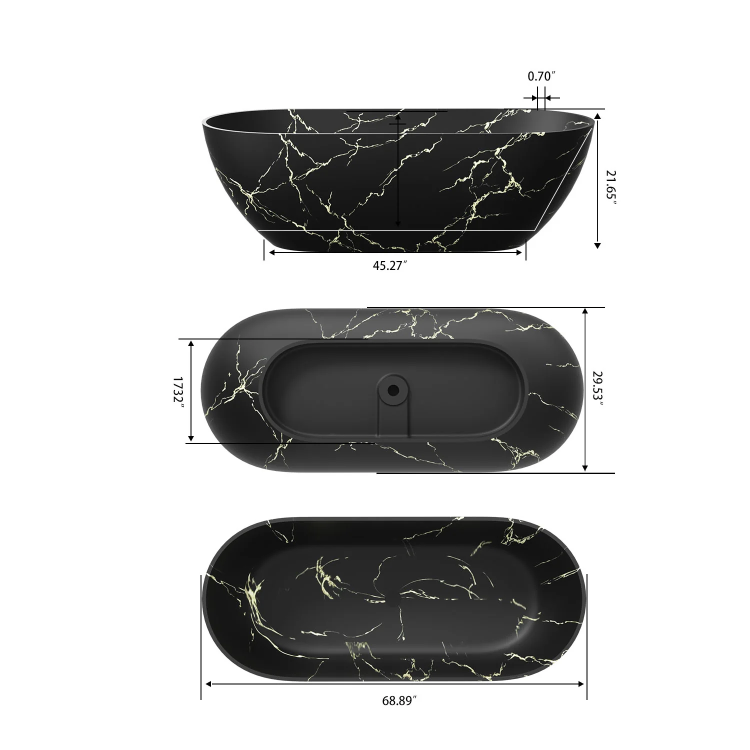 69" Black Oval Freestanding Soaking Bathtub with Gold Marble Pattern - Image 6