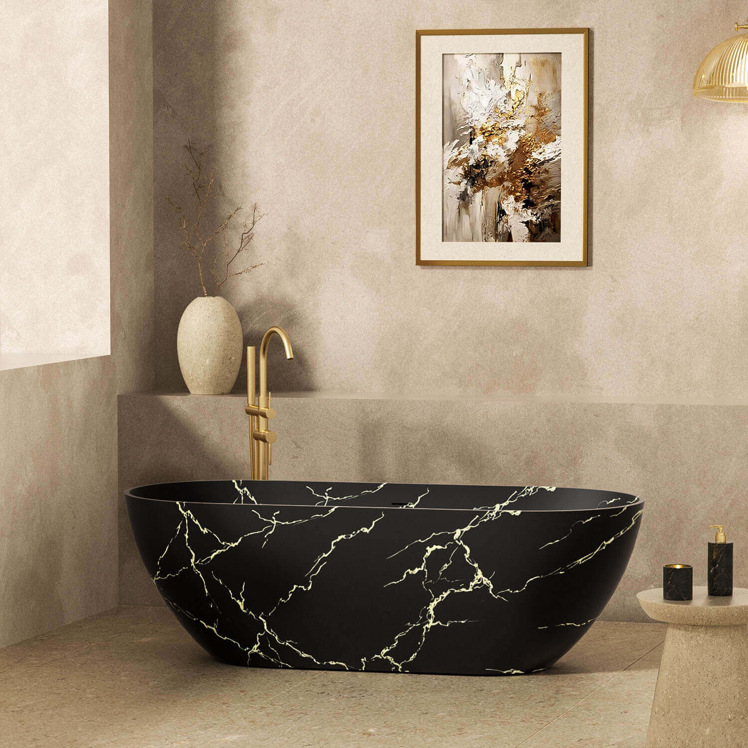 69" Black Oval Freestanding Soaking Bathtub with Gold Marble Pattern - Image 7