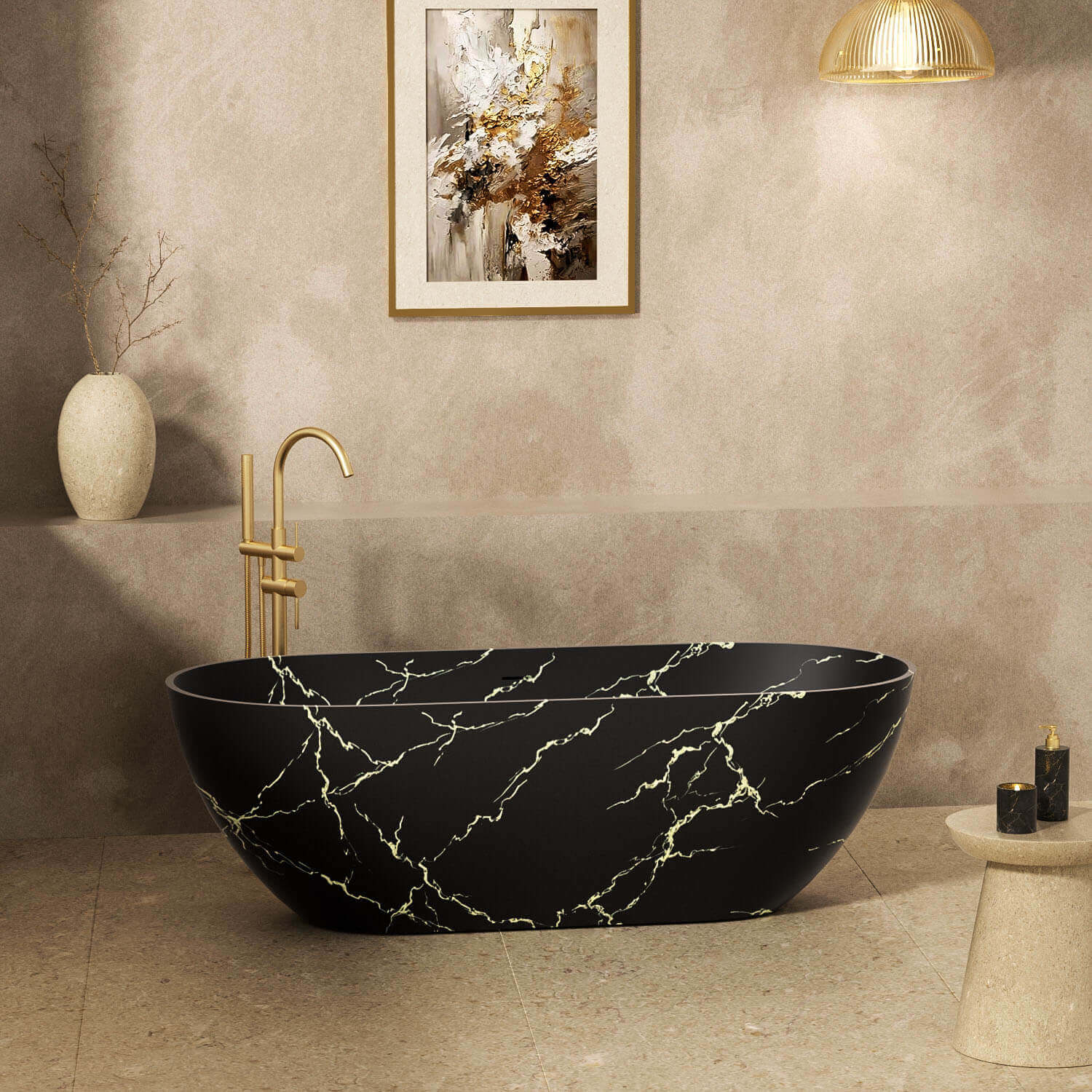 69" Black Oval Freestanding Soaking Bathtub with Gold Marble Pattern - Image 8
