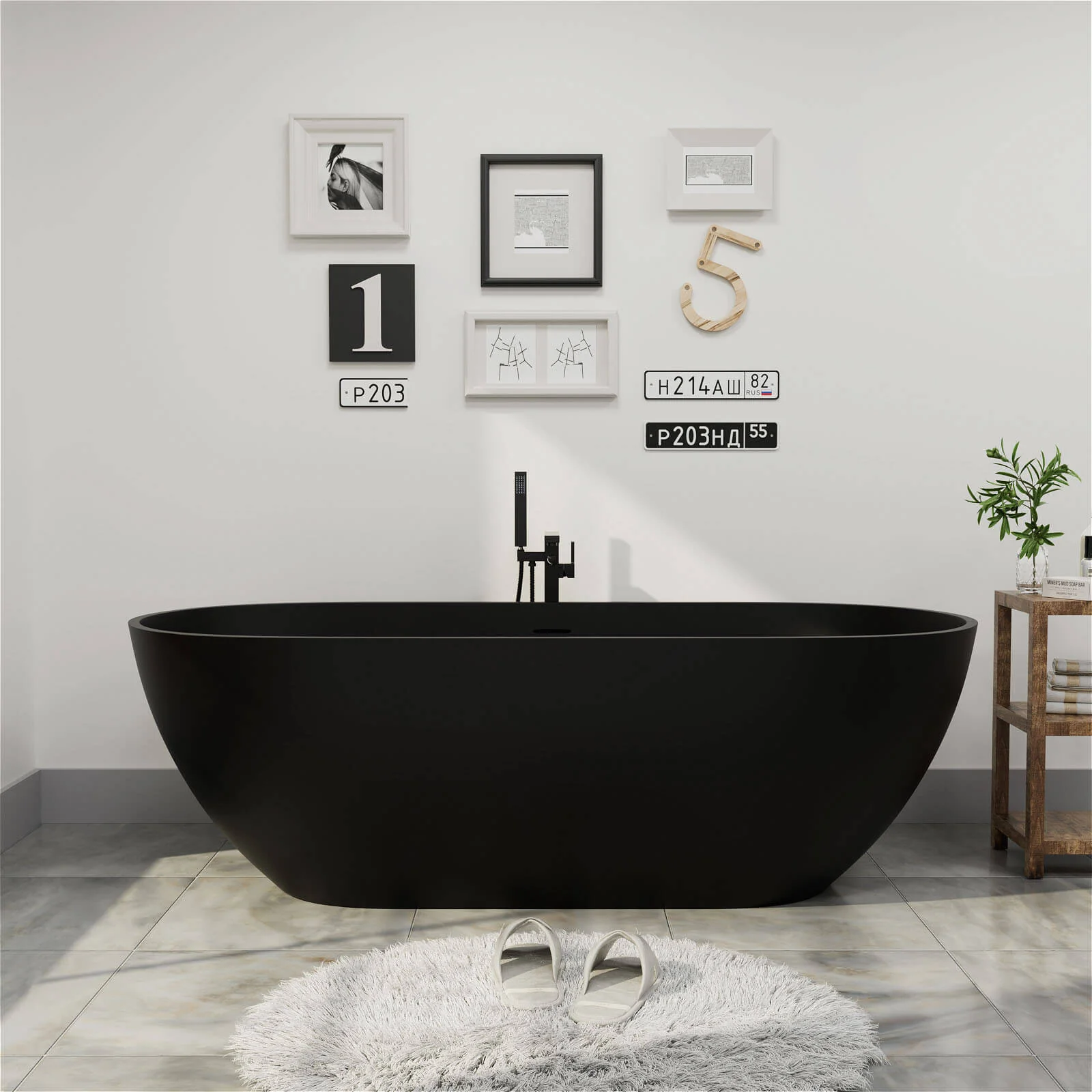 69" Modern Bathtub Solid Surface Stone Resin Oval-Shaped Freestanding Soaking Tub - Image 13