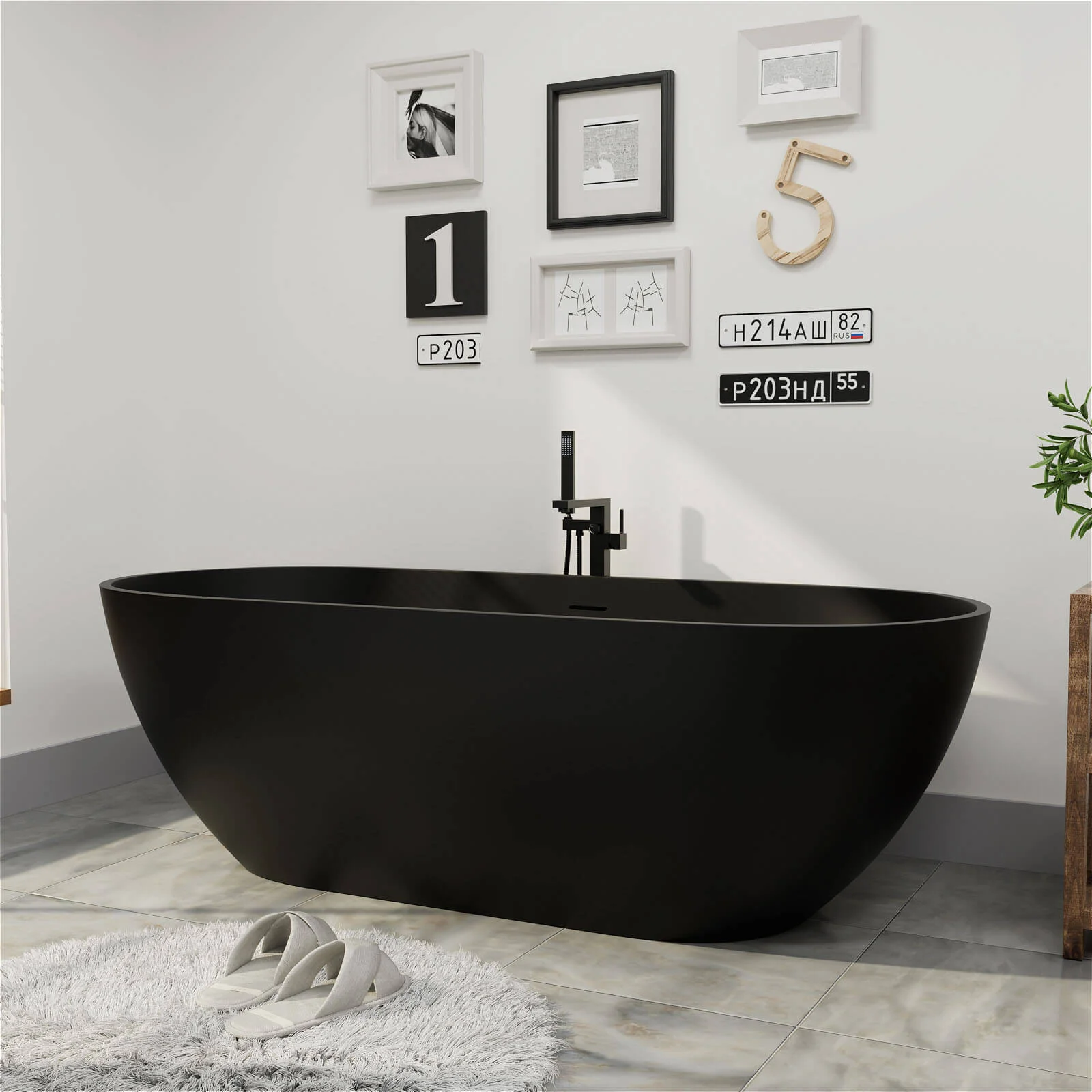69" Modern Bathtub Solid Surface Stone Resin Oval-Shaped Freestanding Soaking Tub - Image 14