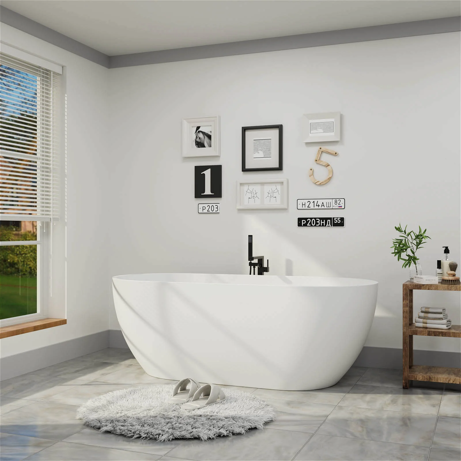 69" Modern Bathtub Solid Surface Stone Resin Oval-Shaped Freestanding Soaking Tub - Image 5