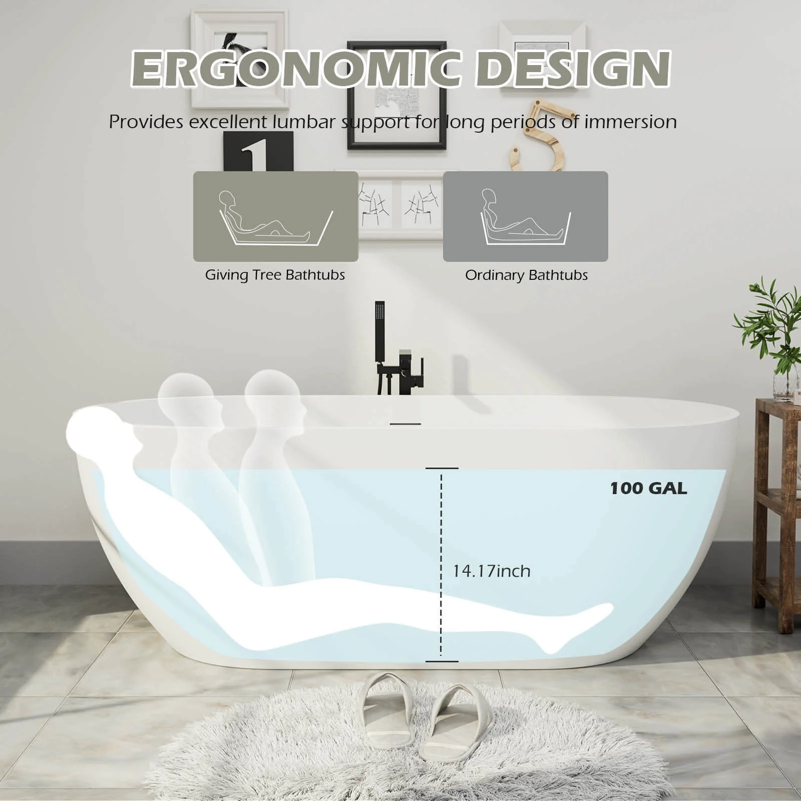 69" Modern Bathtub Solid Surface Stone Resin Oval-Shaped Freestanding Soaking Tub - Image 7