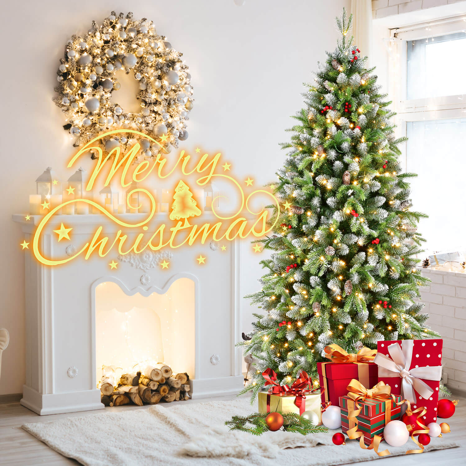 6ft Pre-Lit Artificial Christmas Tree with Lights, Frosted Christmas Tree with Pine cones