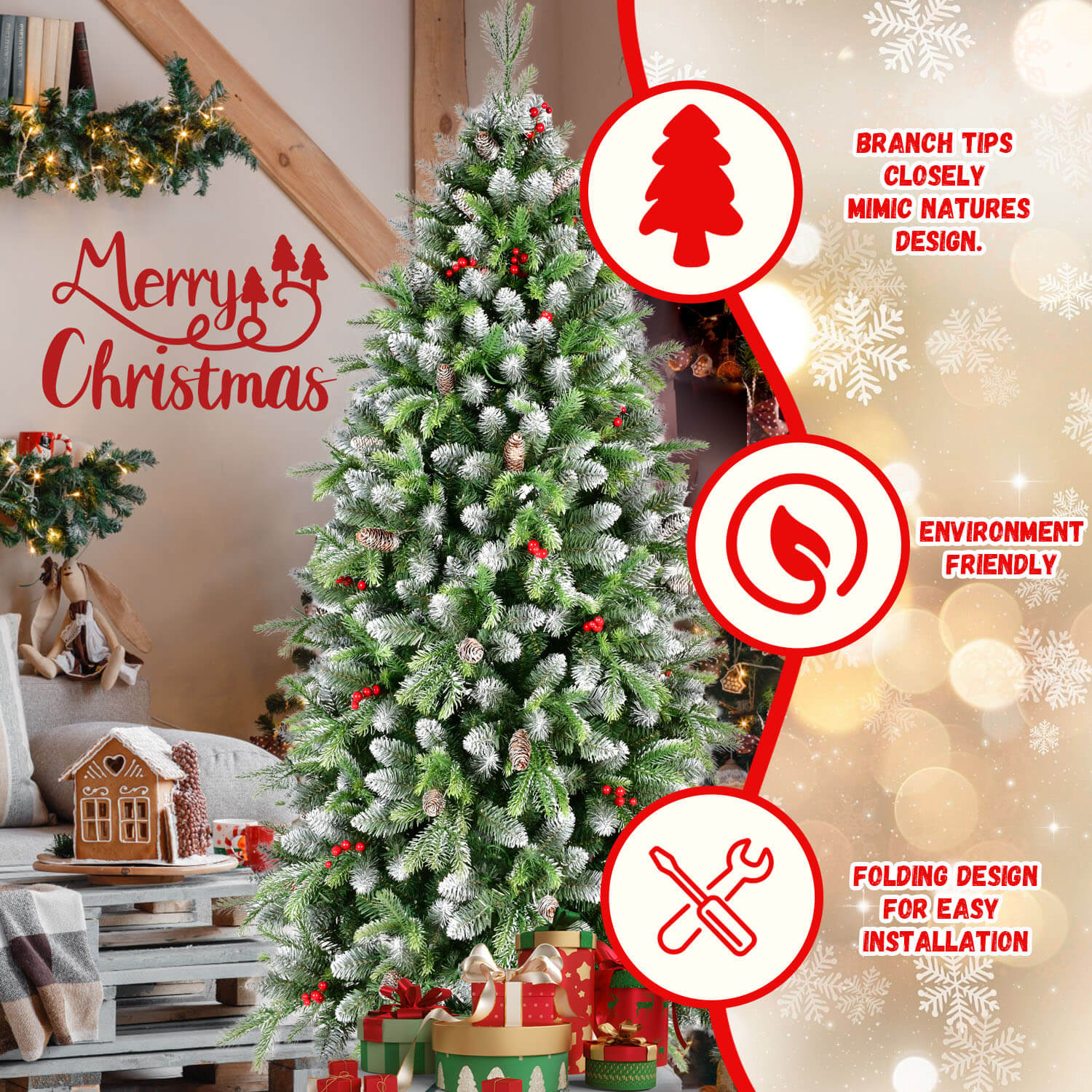 6ft Pre-Lit Artificial Christmas Tree with Lights, Frosted Christmas Tree with Pine cones - Image 6