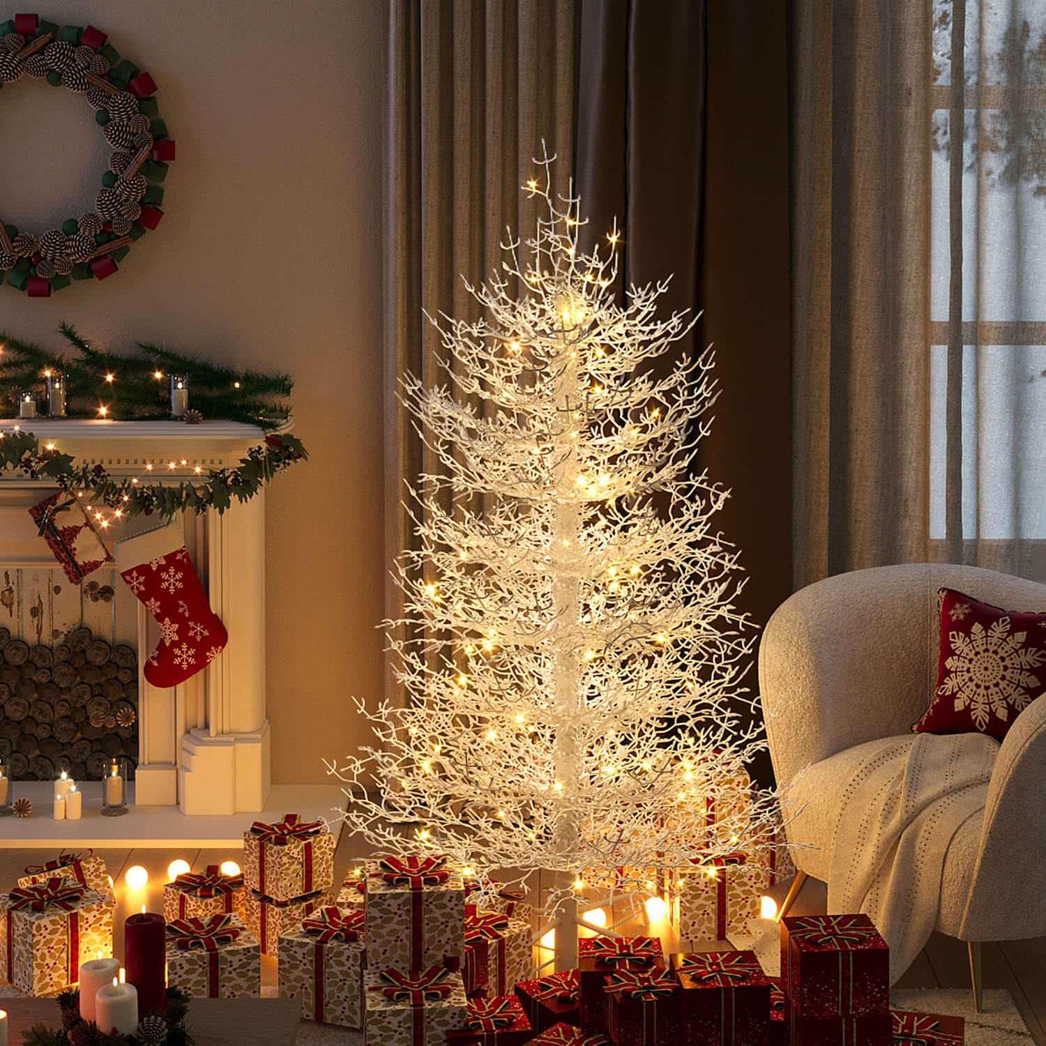 6FT Pre-lit Artificial Christmas Tree, Coral Christmas Tree for Home Party - Image 2
