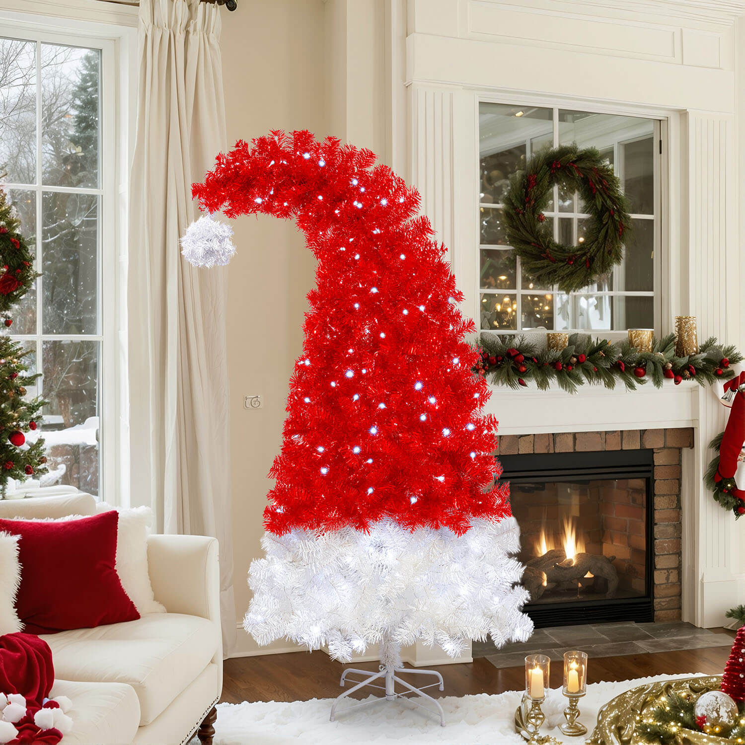 6FT Santa Hat Artificial Christmas Tree with Light for Home Decoration and Holiday Party