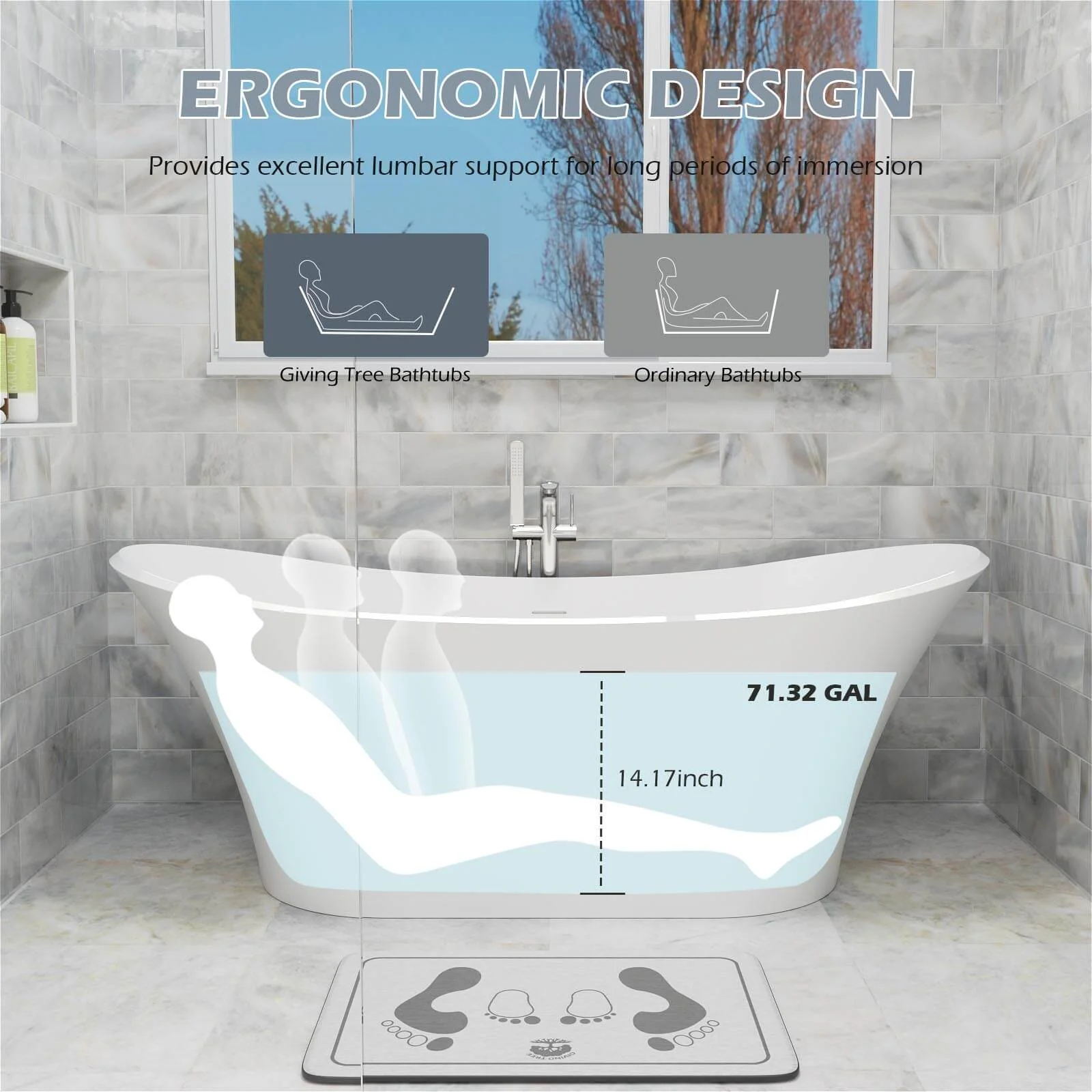 70" Double Slipper Tub Solid Surface Stone Resin Freestanding Soaking Bathtub - Image 10