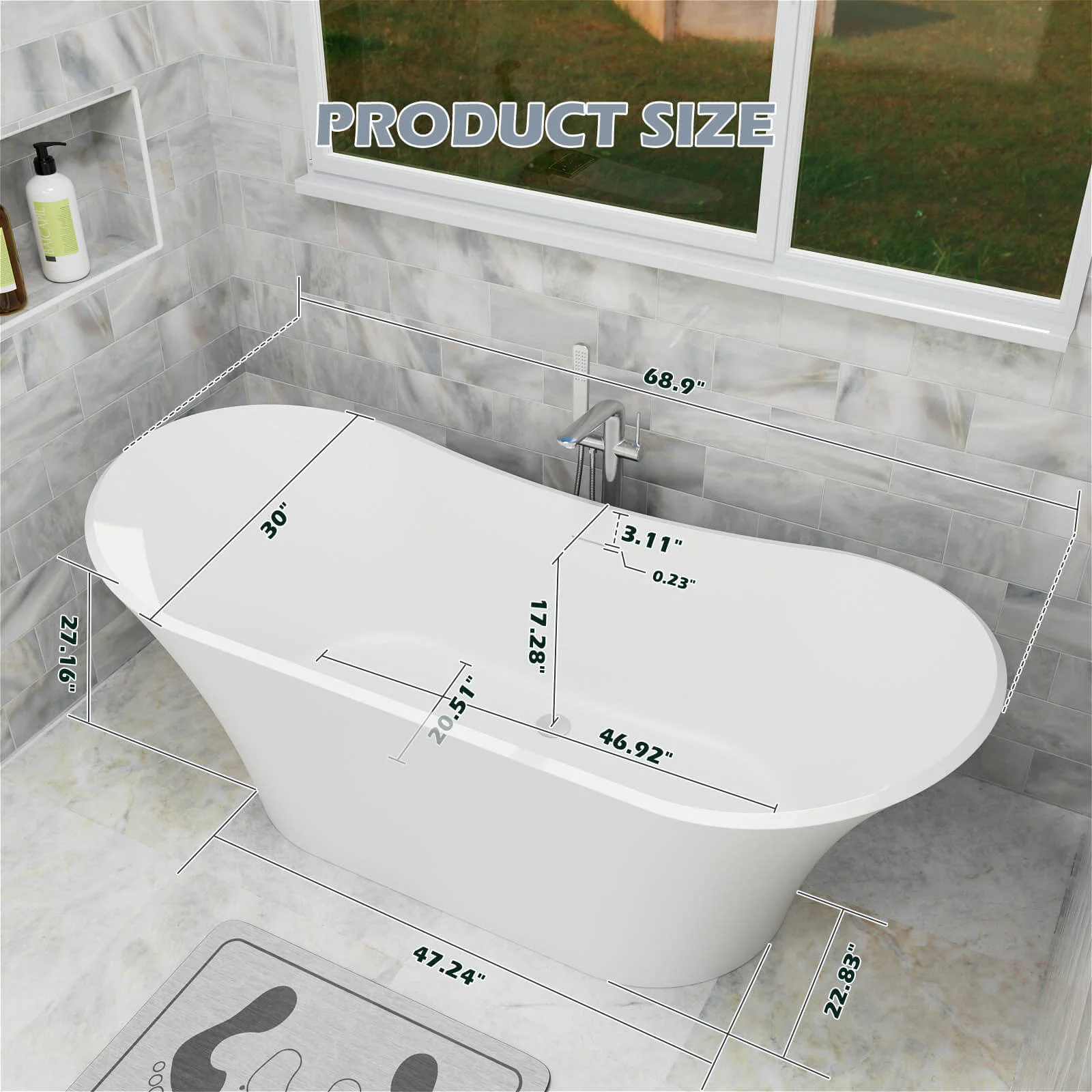 70" Double Slipper Tub Solid Surface Stone Resin Freestanding Soaking Bathtub - Image 11