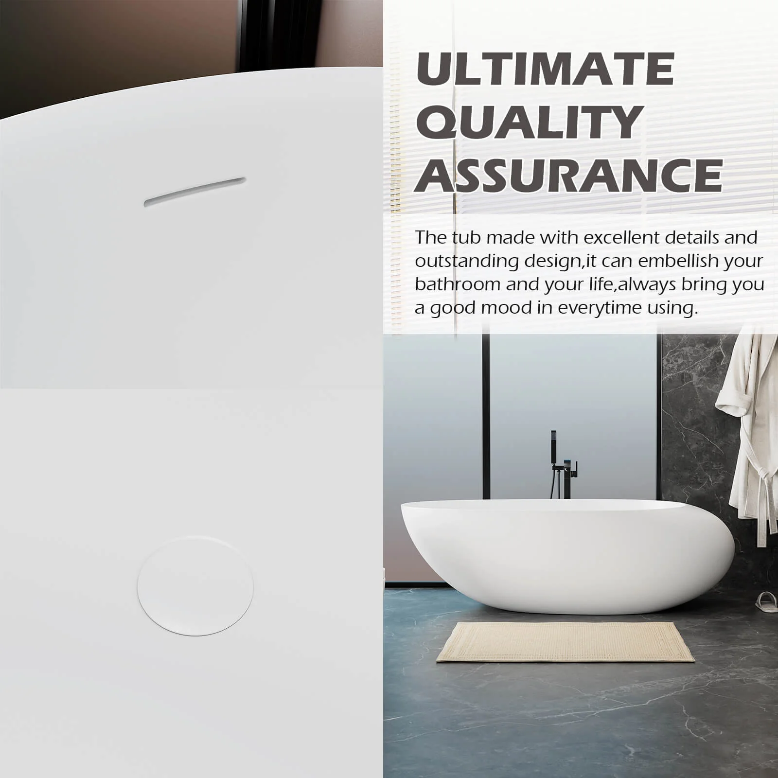 71" Ergonomically Designed Luxury Solid Surface Bathtub - Image 11