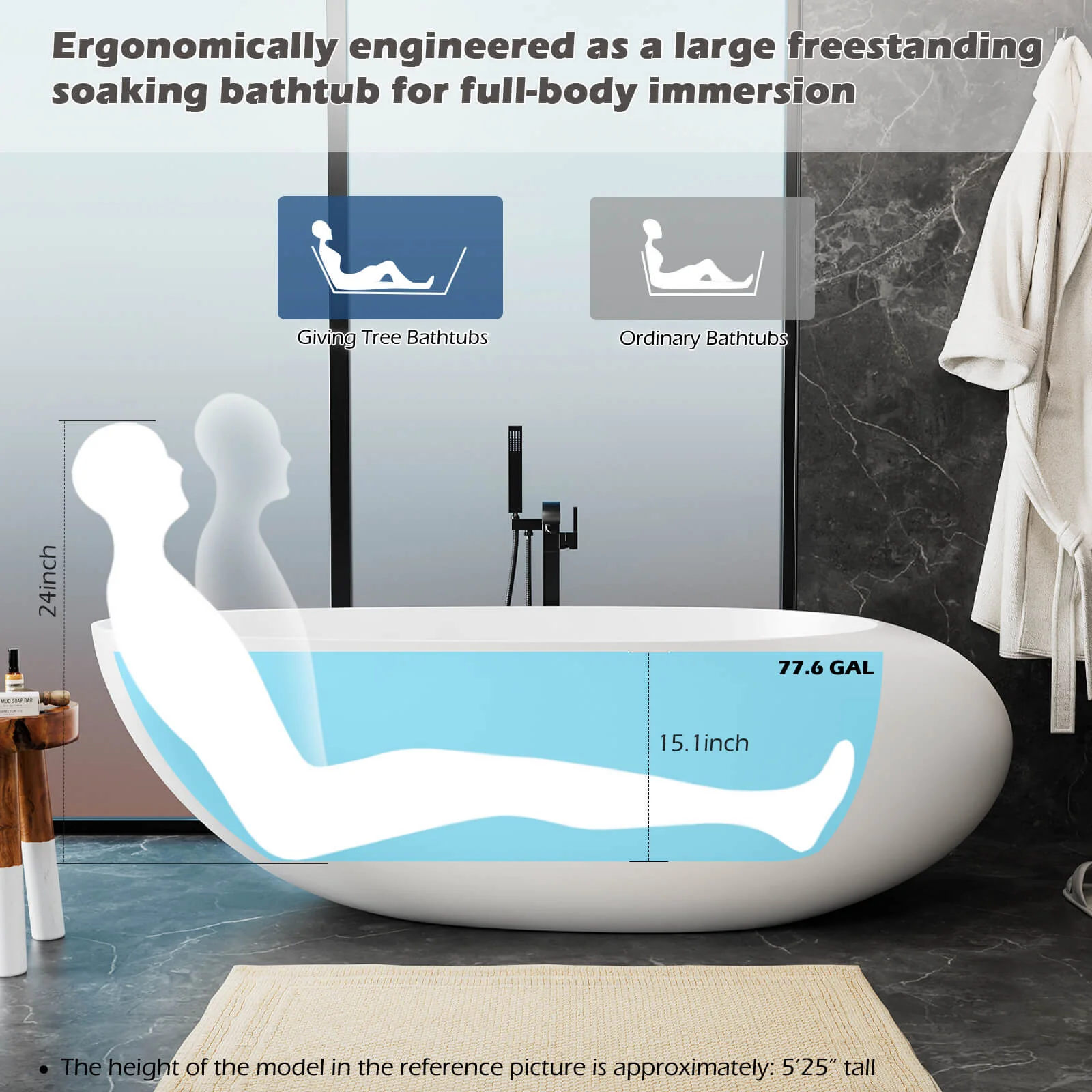 71" Ergonomically Designed Luxury Solid Surface Bathtub - Image 12