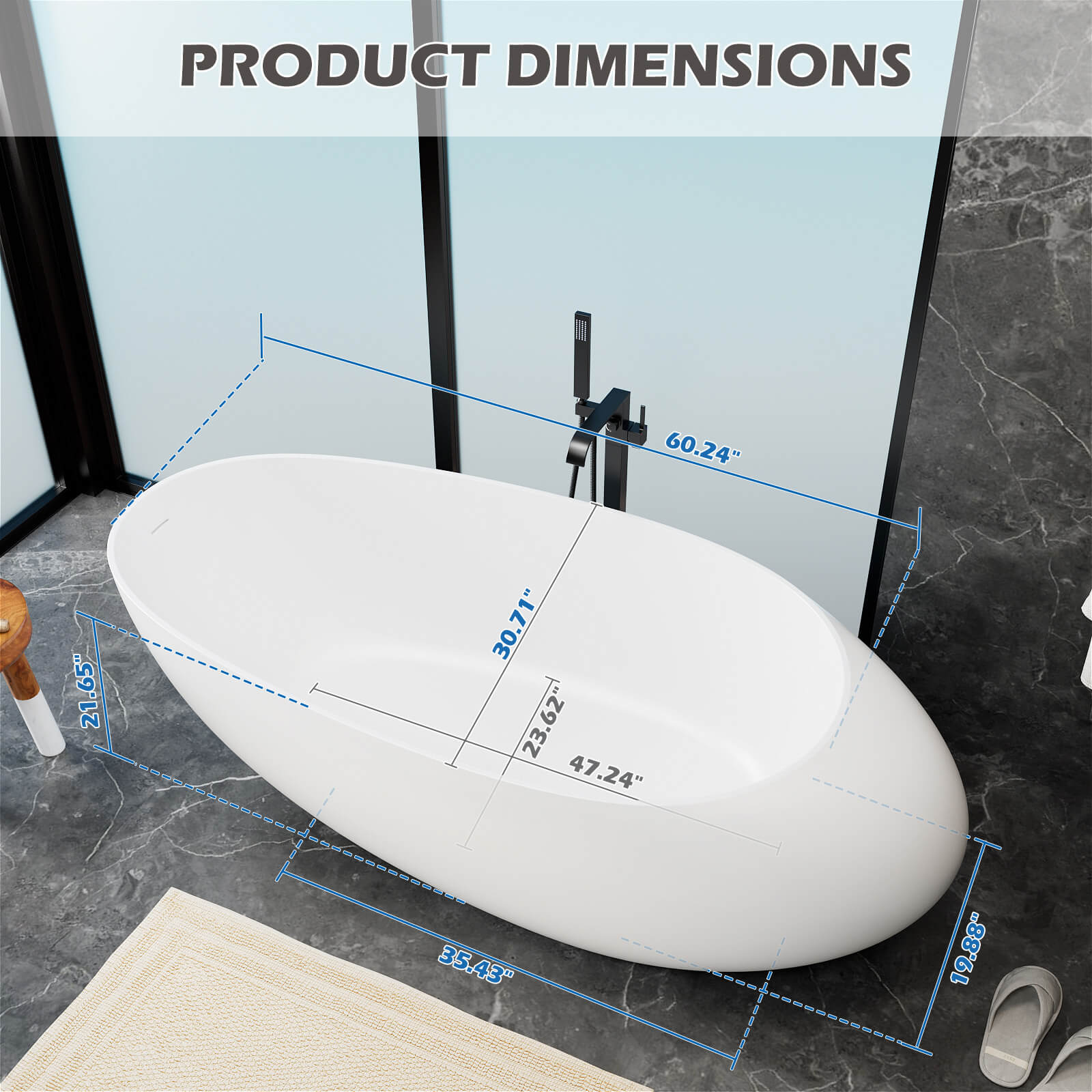 71" Ergonomically Designed Luxury Solid Surface Bathtub - Image 13