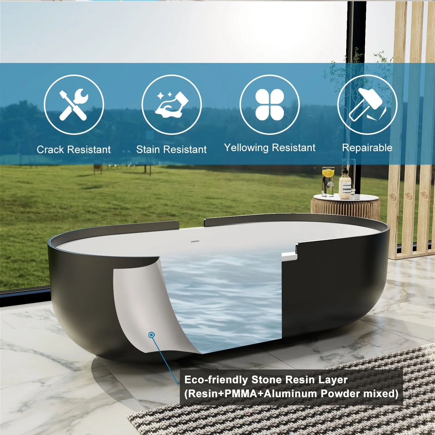 71'' Large Tub Solid Surface Stone Resin Freestanding Soaking Bathtub - Image 8