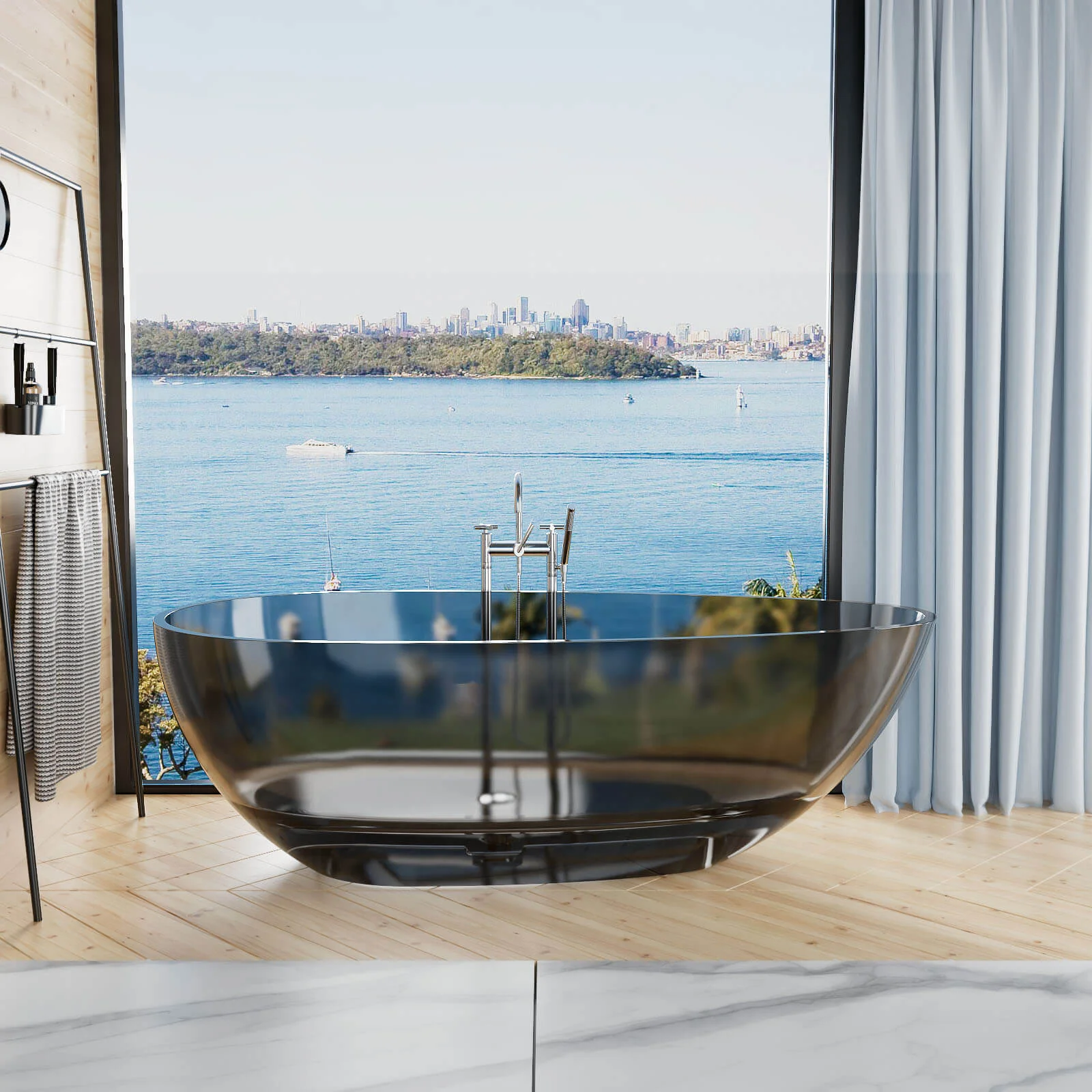 71" Modern Art Resin Tub, Transparent Egg Shape Freestanding Soaking Bathtub for Hotels