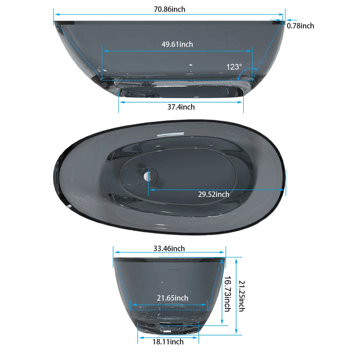 71" Modern Art Resin Tub, Transparent Egg Shape Freestanding Soaking Bathtub for Hotels - Image 12