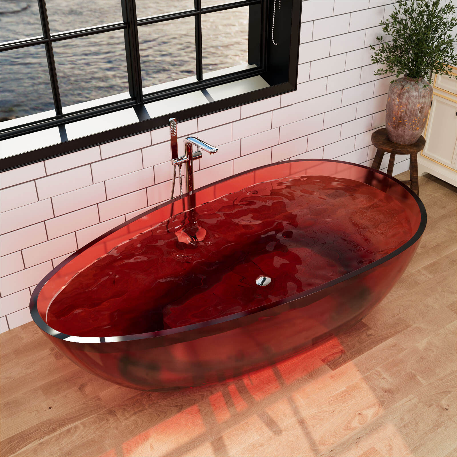 71" Modern Art Resin Tub, Transparent Egg Shape Freestanding Soaking Bathtub for Hotels - Image 16
