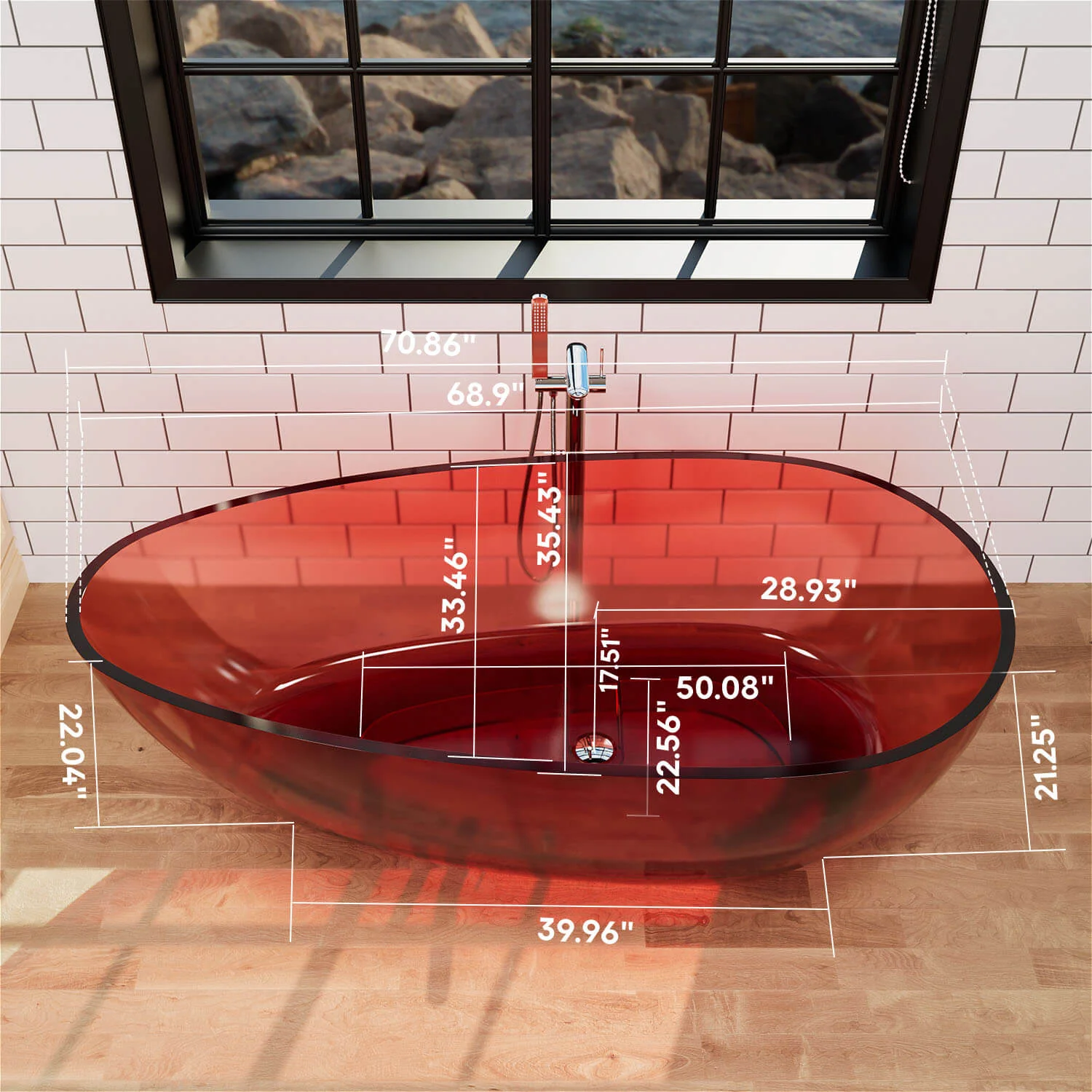71" Modern Art Resin Tub, Transparent Egg Shape Freestanding Soaking Bathtub for Hotels - Image 19