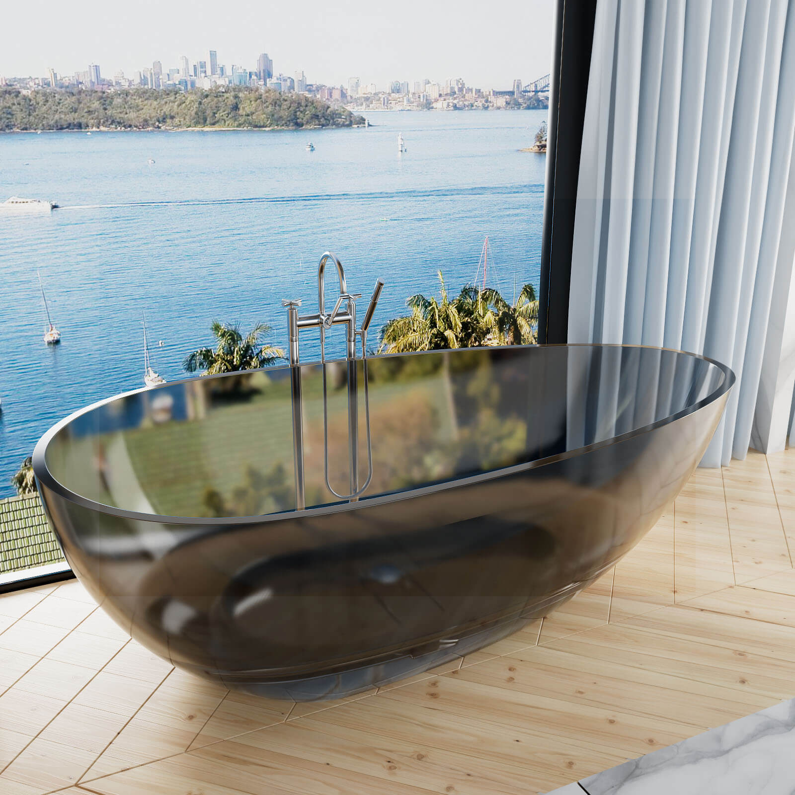 71" Modern Art Resin Tub, Transparent Egg Shape Freestanding Soaking Bathtub for Hotels - Image 2