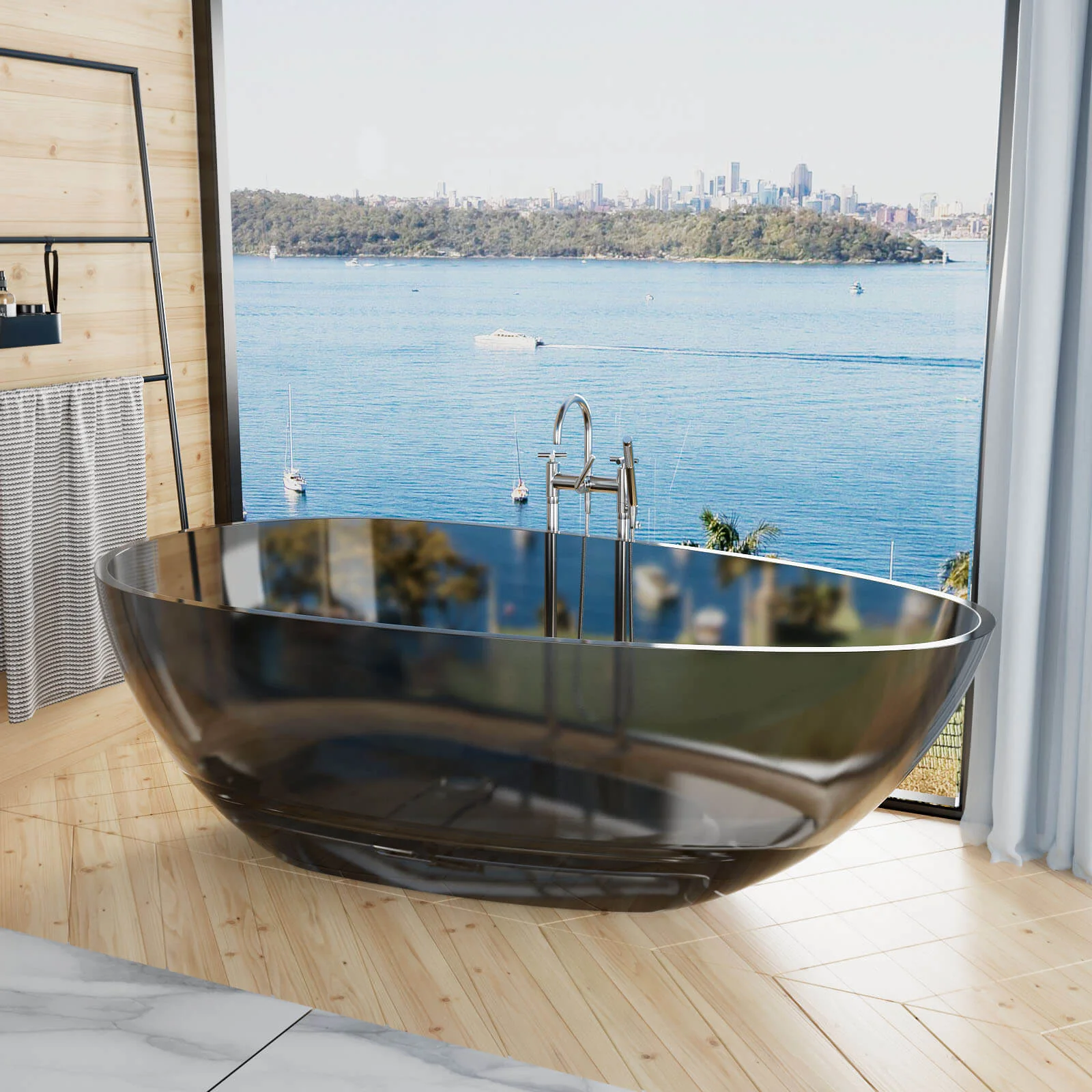 71" Modern Art Resin Tub, Transparent Egg Shape Freestanding Soaking Bathtub for Hotels - Image 3