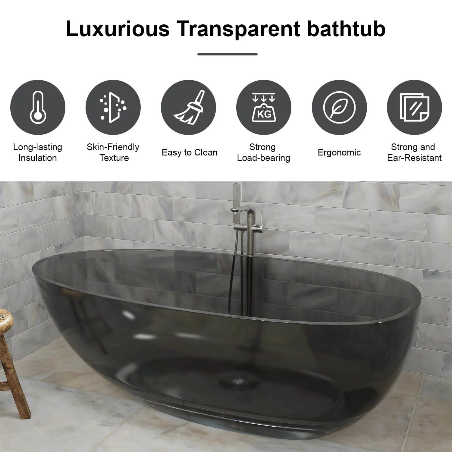 71" Modern Art Resin Tub, Transparent Egg Shape Freestanding Soaking Bathtub for Hotels - Image 6