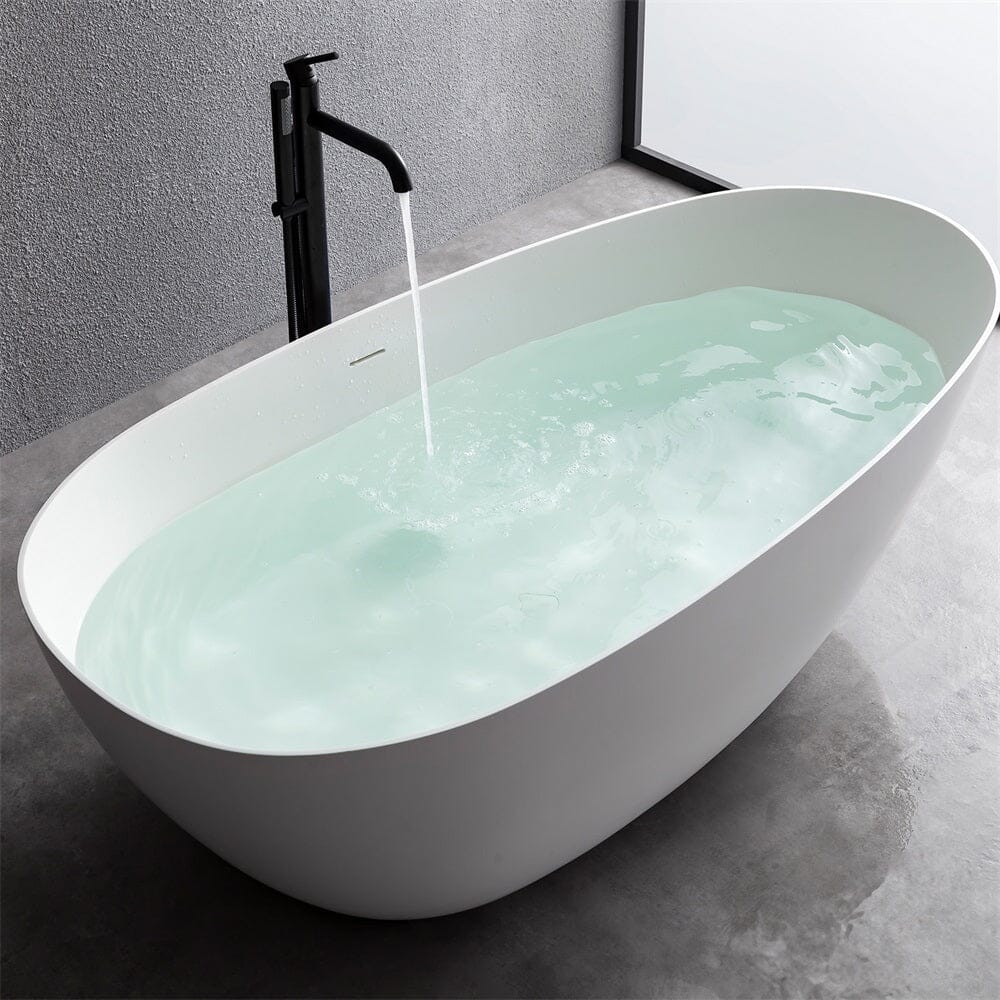 71" Solid Surface Stone Resin Oval-shaped Freestanding Soaking Bathtub with Overflow - Image 11