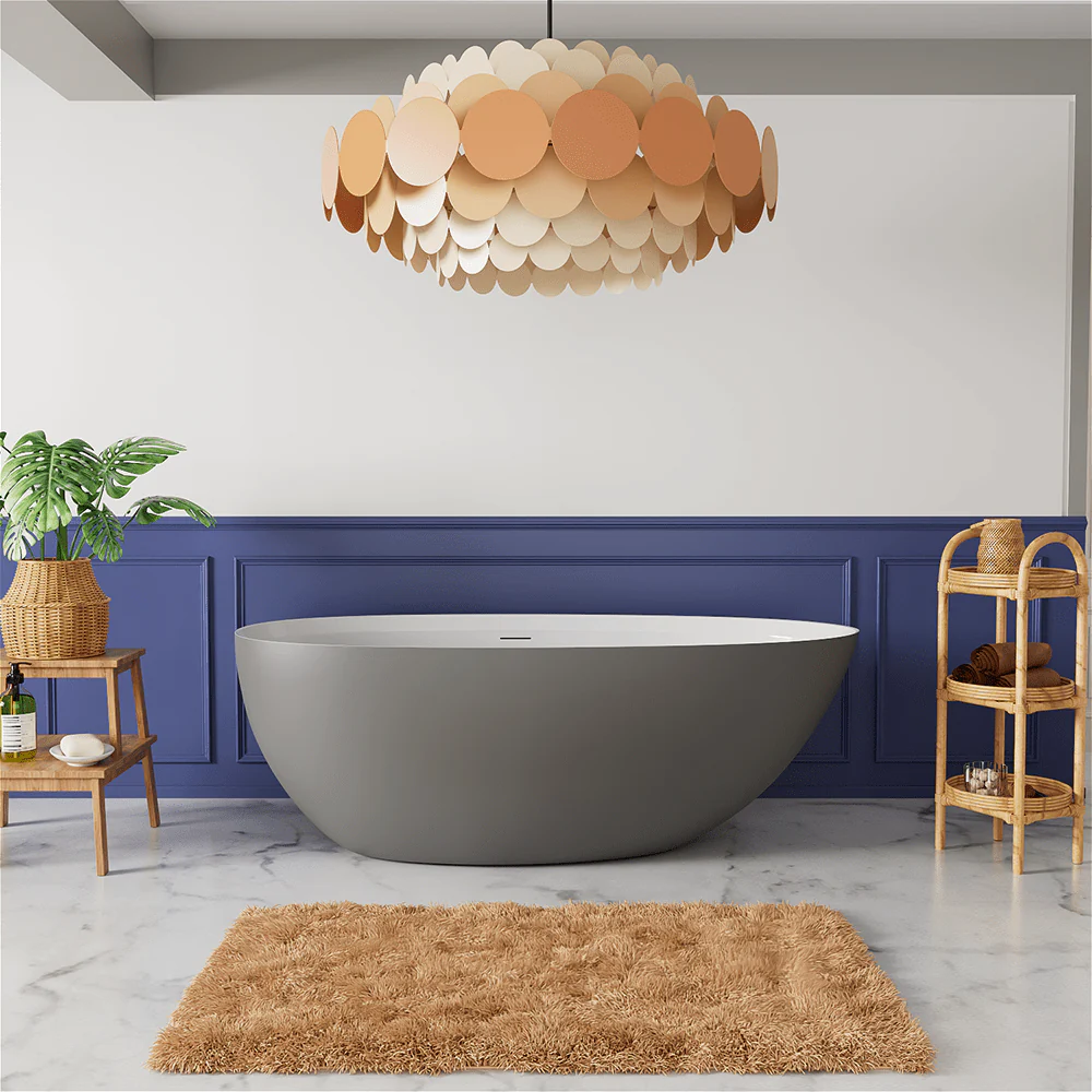 71" Solid Surface Stone Resin Oval-shaped Freestanding Soaking Bathtub with Overflow - Image 19