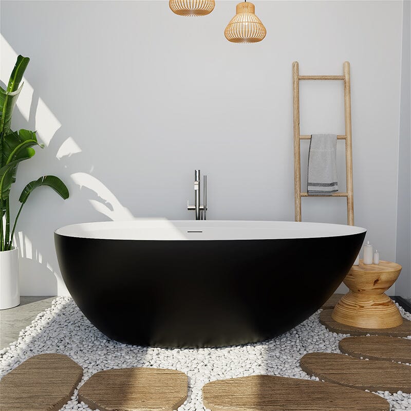 71" Solid Surface Stone Resin Oval-shaped Freestanding Soaking Bathtub with Overflow - Image 25