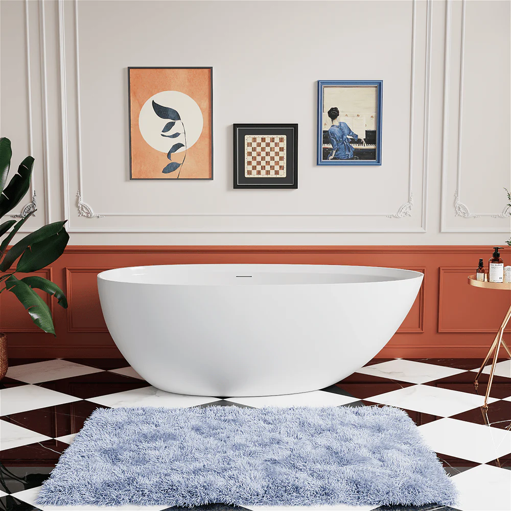 71" Solid Surface Stone Resin Oval-shaped Freestanding Soaking Bathtub with Overflow - Image 3