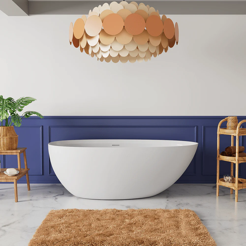 71" Solid Surface Stone Resin Oval-shaped Freestanding Soaking Bathtub with Overflow - Image 4