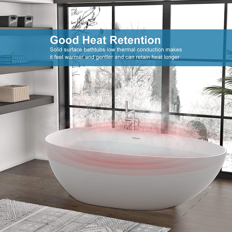 71" Solid Surface Stone Resin Oval-shaped Freestanding Soaking Bathtub with Overflow - Image 9