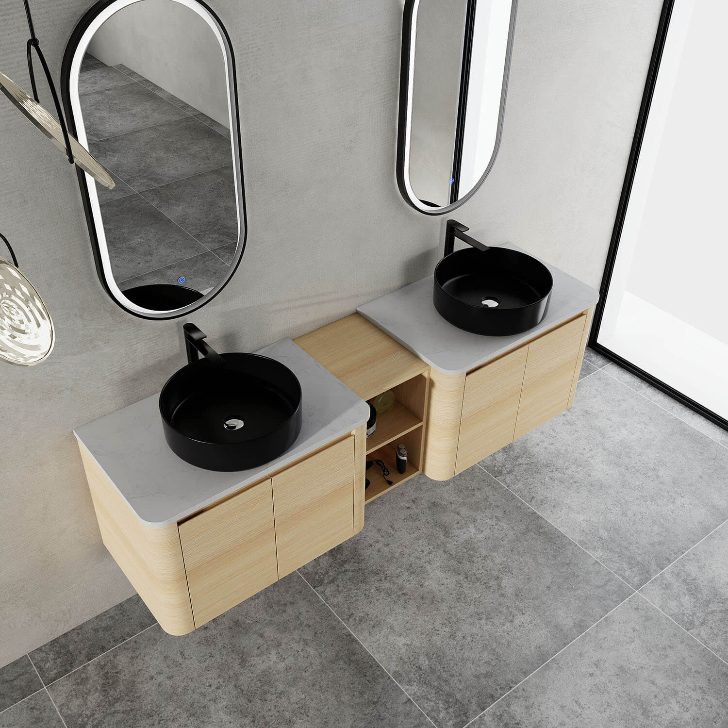72" White Oak Bathroom Vanity with Double Black Ceramic Sink and Open Shelves - Image 3