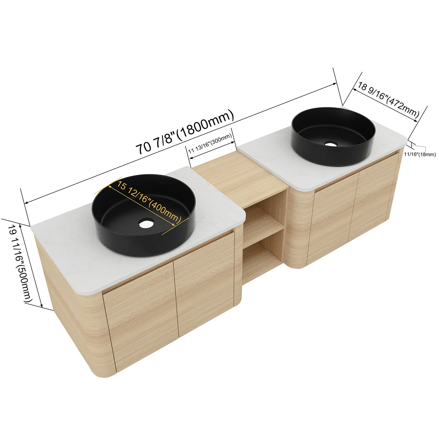 72" White Oak Bathroom Vanity with Double Black Ceramic Sink and Open Shelves - Image 4