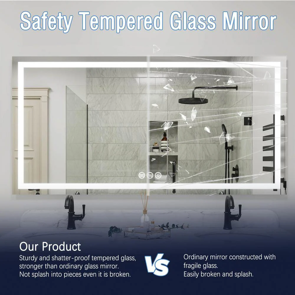 72" x 36" Rectangular Frameless LED Lighted Wall Mount Bathroom Vanity Mirror with Memory Function - Image 7