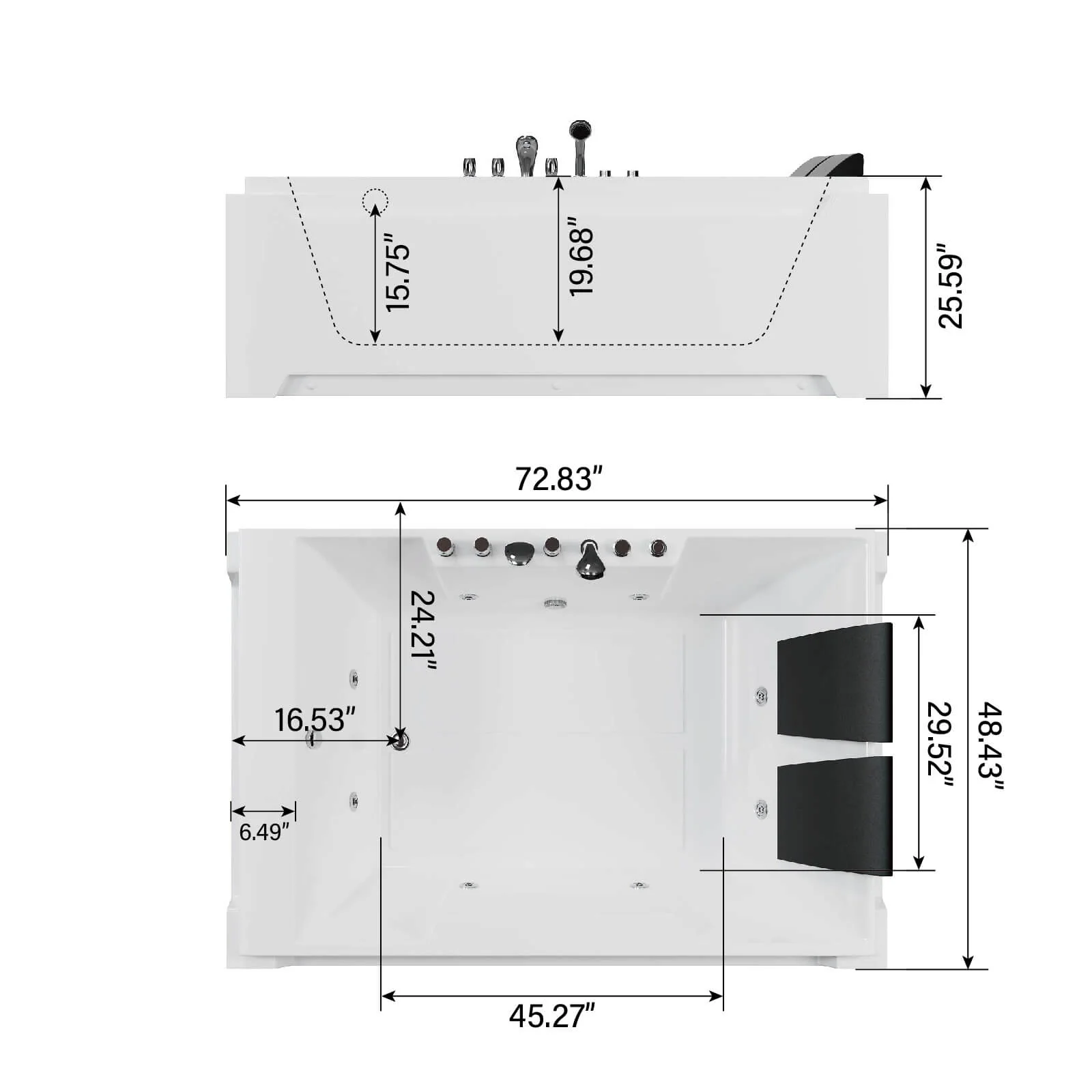 73" 2 Person Whirlpool Tub with 8 Jets, Hydro Massage & Chromatherapy, Includes Faucet & Bath Pillow - Image 10