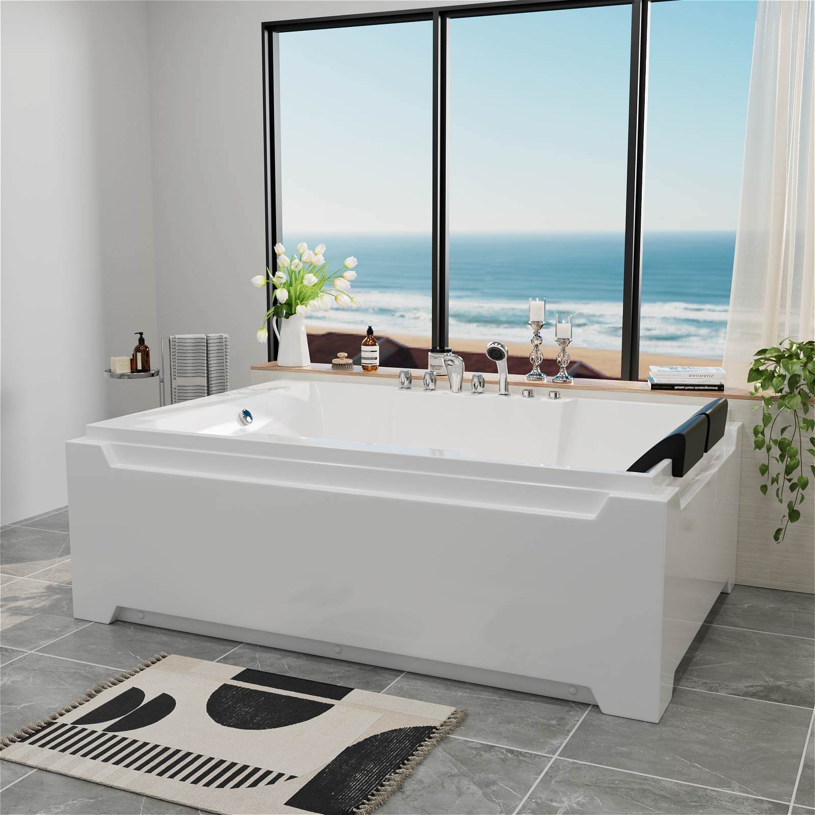 73" 2 Person Whirlpool Tub with 8 Jets, Hydro Massage & Chromatherapy, Includes Faucet & Bath Pillow - Image 3