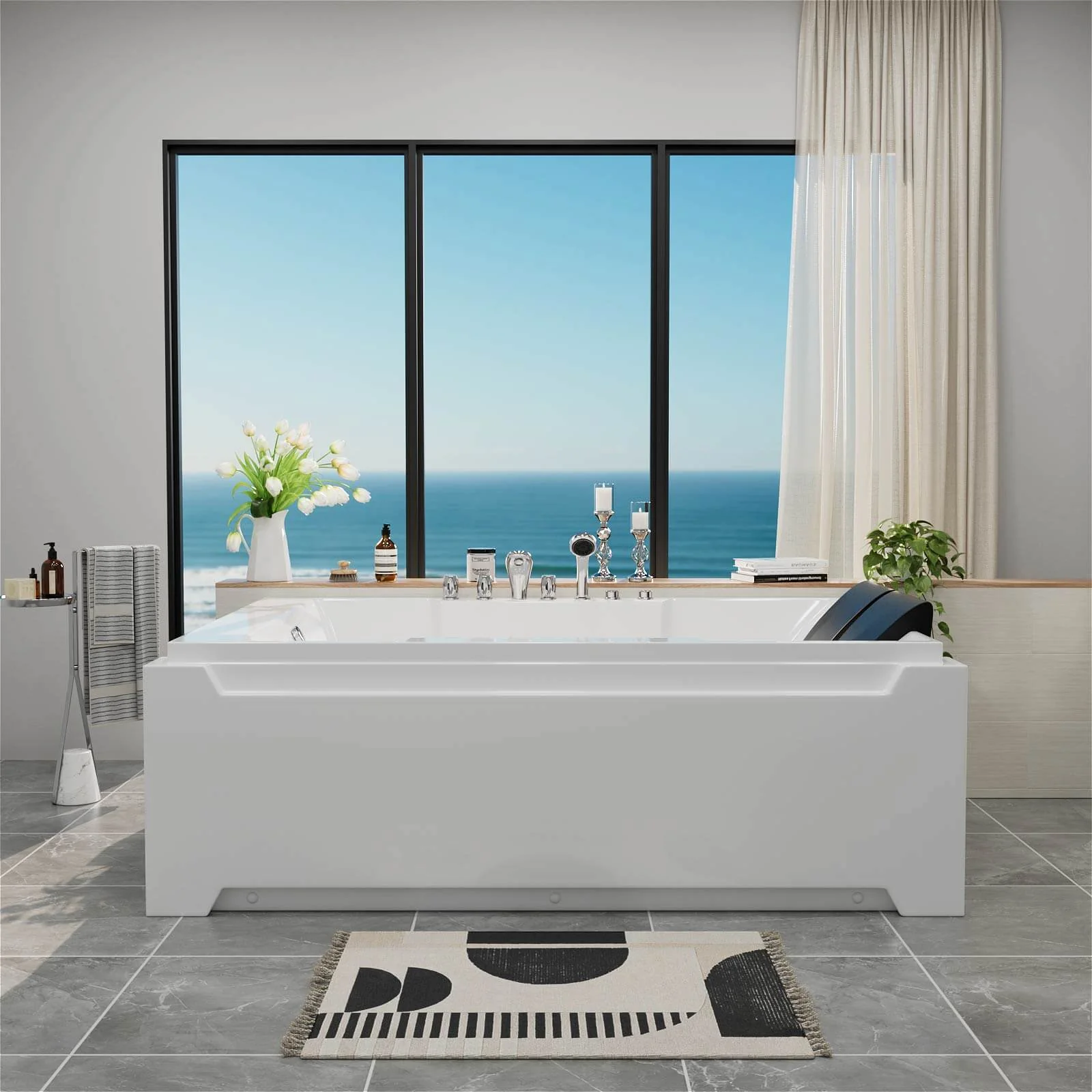 73" 2 Person Whirlpool Tub with 8 Jets, Hydro Massage & Chromatherapy, Includes Faucet & Bath Pillow - Image 4