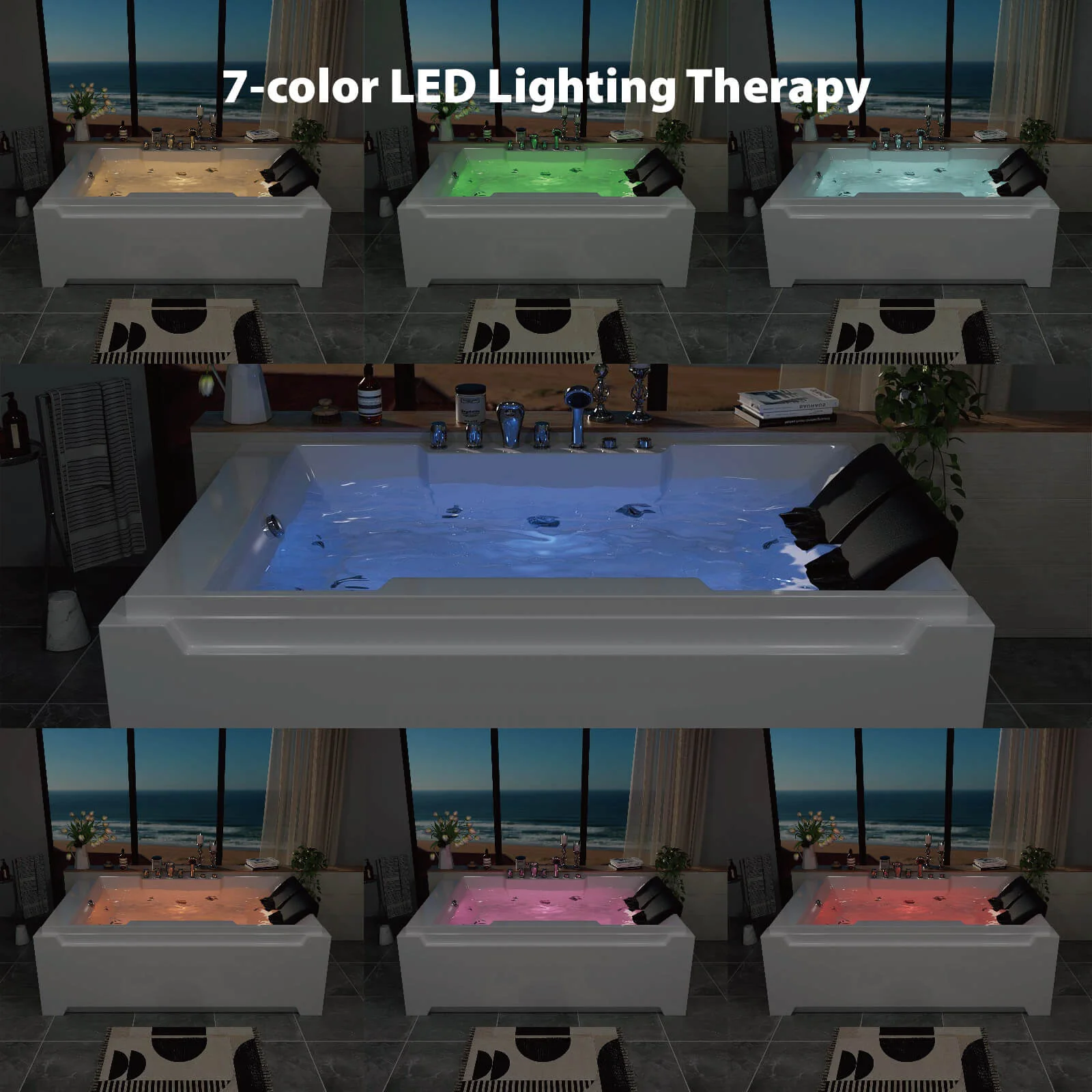 73" 2 Person Whirlpool Tub with 8 Jets, Hydro Massage & Chromatherapy, Includes Faucet & Bath Pillow - Image 5