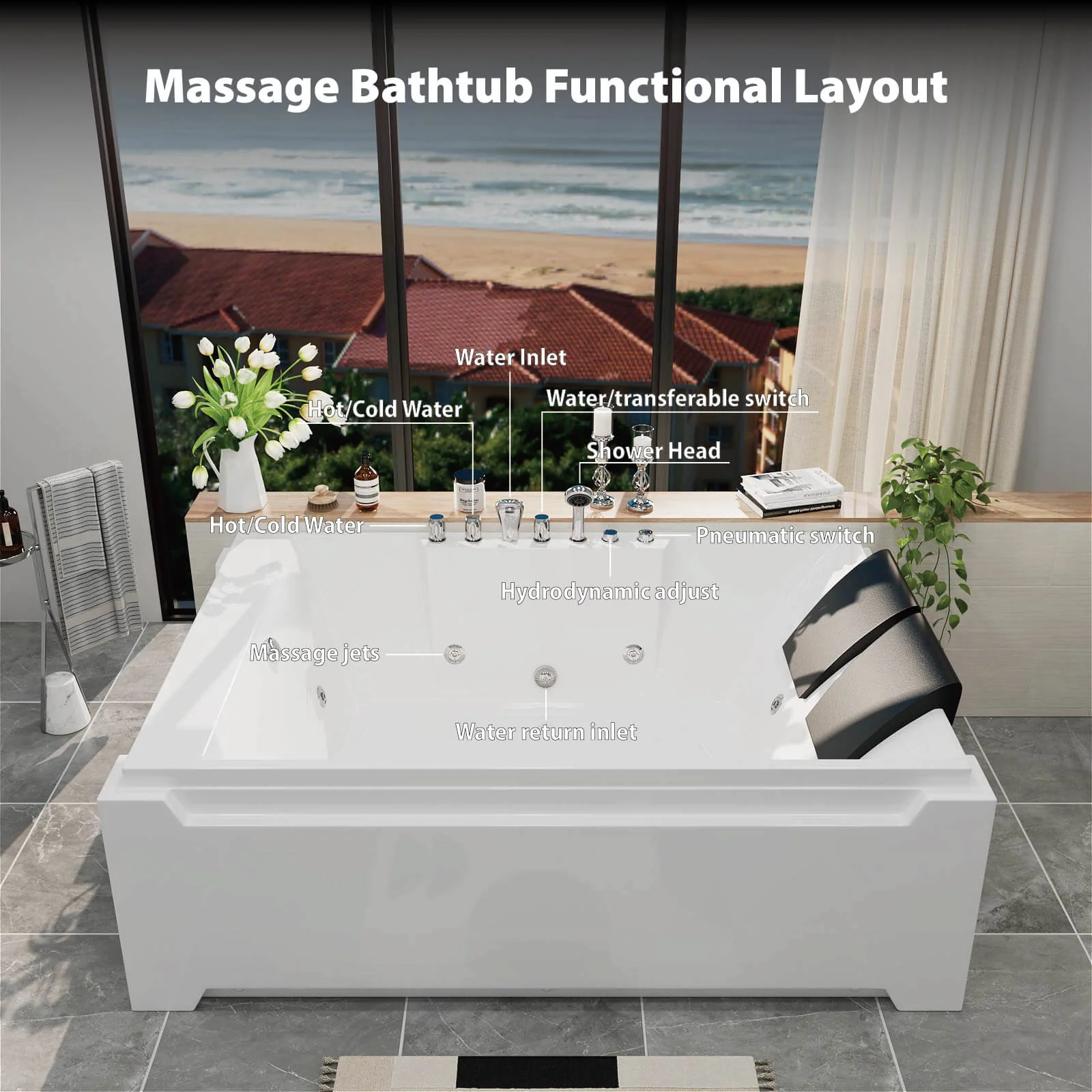 73" 2 Person Whirlpool Tub with 8 Jets, Hydro Massage & Chromatherapy, Includes Faucet & Bath Pillow - Image 6
