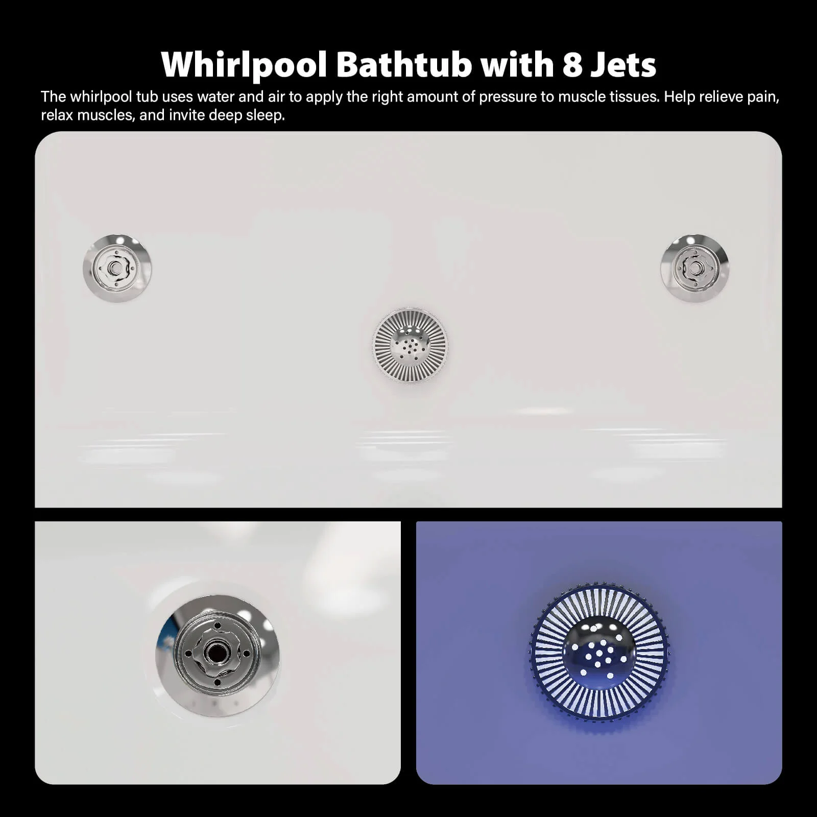 73" 2 Person Whirlpool Tub with 8 Jets, Hydro Massage & Chromatherapy, Includes Faucet & Bath Pillow - Image 7